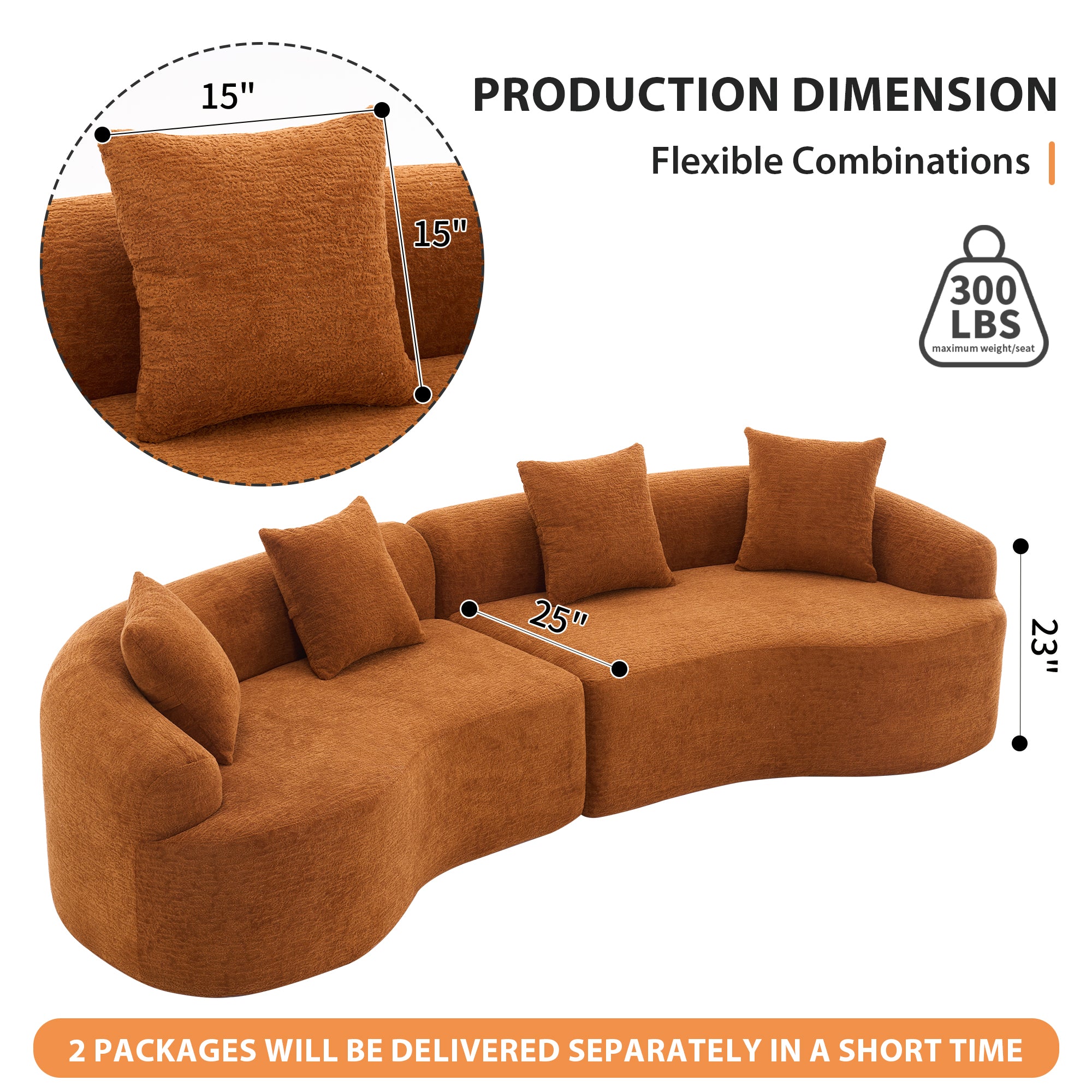 Branch Modern 110'' Curved Orange Sofa with All-Foam Construction - MidinMod