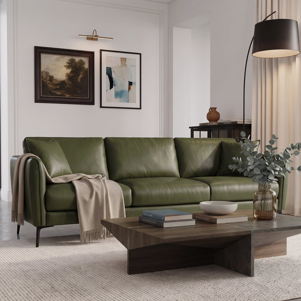 Brompton Mid-Century Modern Green Top-Grain Leather Sofa | MidinMod