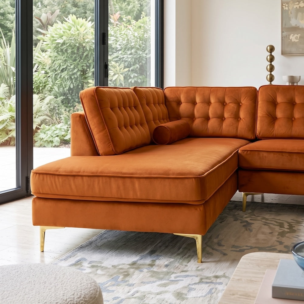 Caleb Burnt Orange Velvet 2-Piece Mid-Century Modern Sectional Sofa | MidinMod