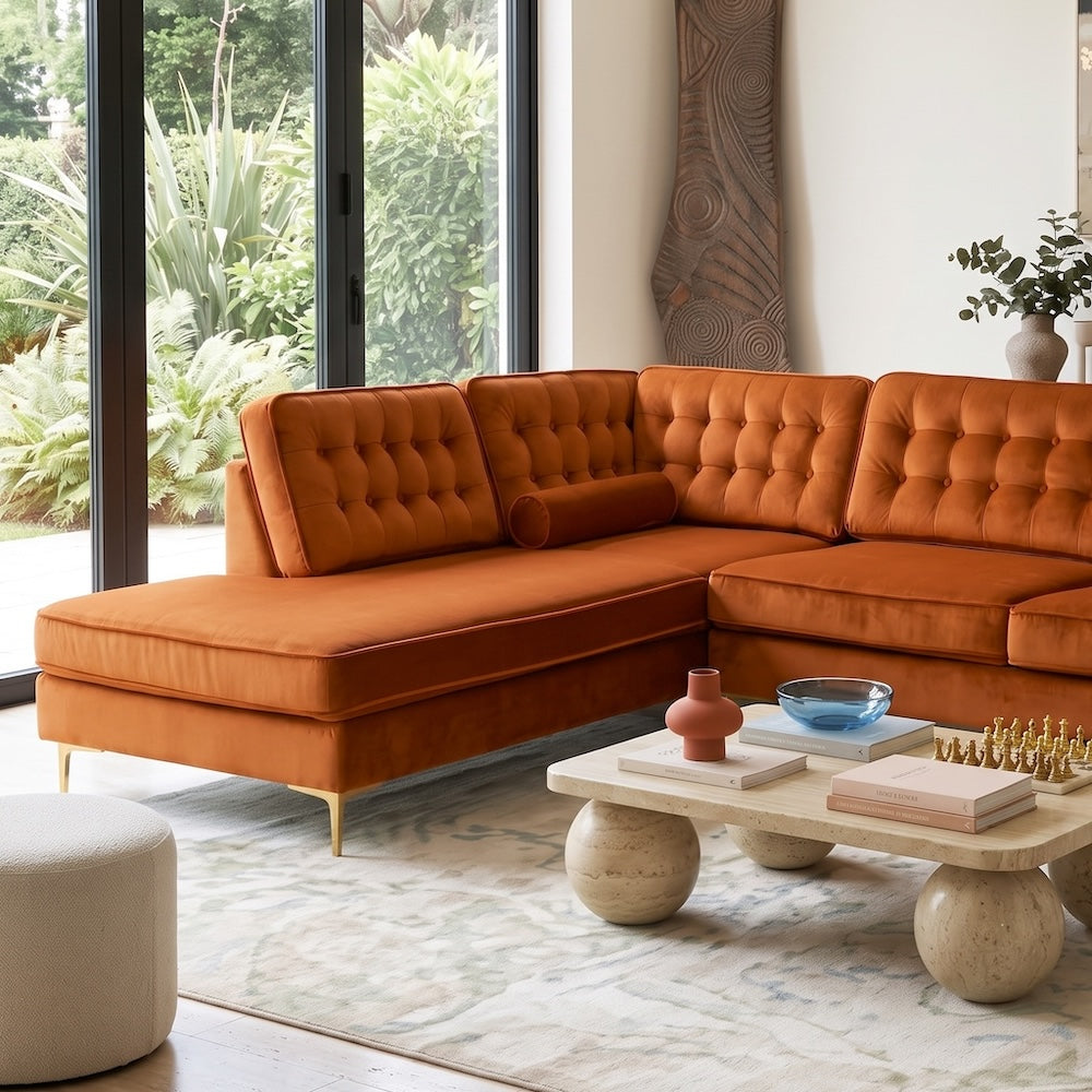 Caleb Burnt Orange Velvet 2-Piece Mid-Century Modern Sectional Sofa | MidinMod