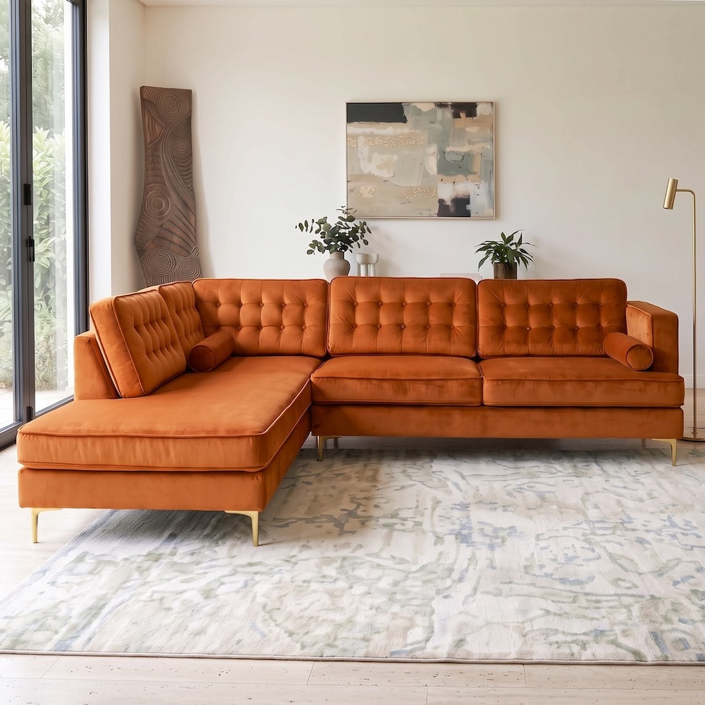 Caleb Burnt Orange Velvet 2-Piece Mid-Century Modern Sectional Sofa | MidinMod