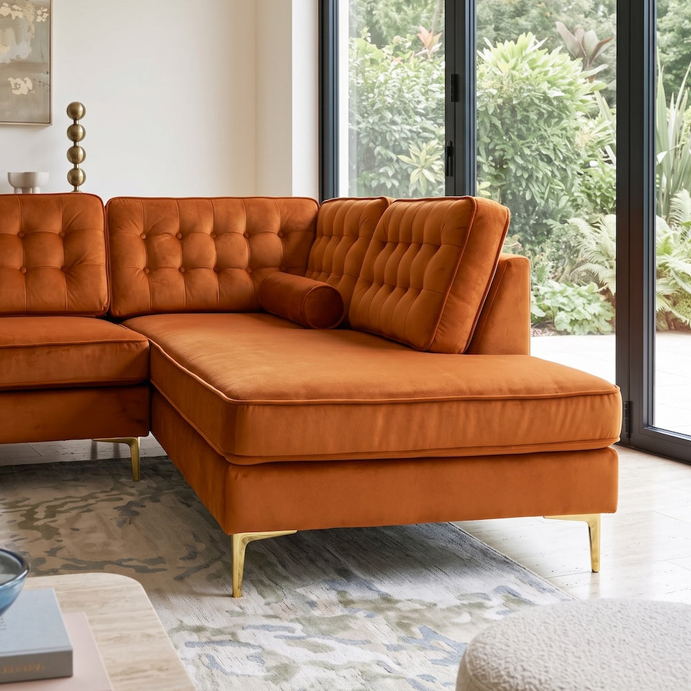 Caleb Burnt Orange Velvet 2-Piece Mid-Century Modern Sectional Sofa | MidinMod