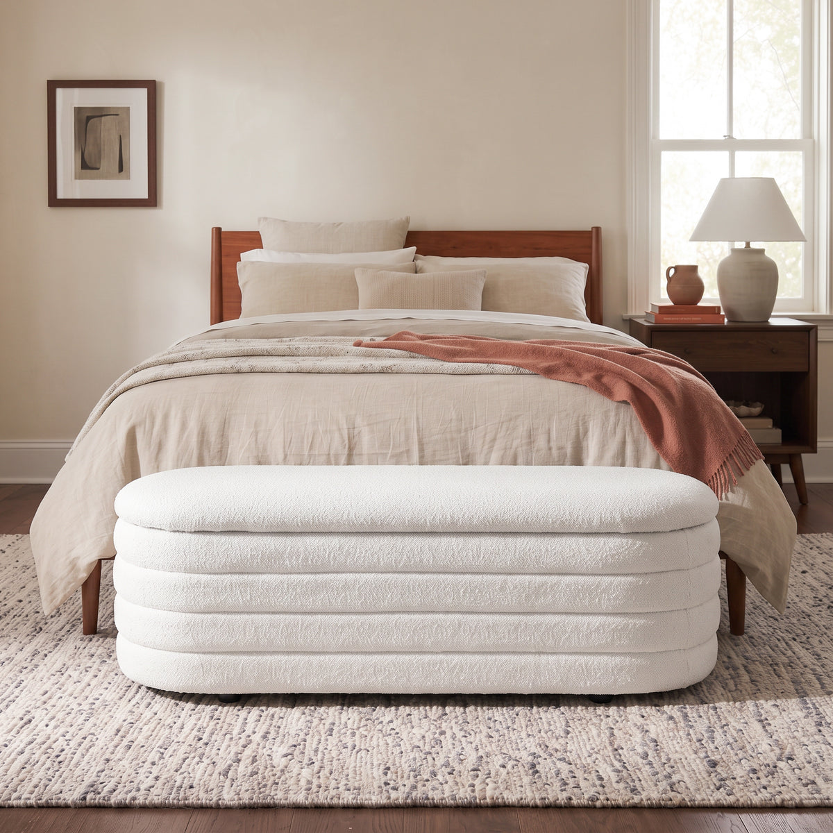 Calion White Boucle Storage Bench - MidinMod