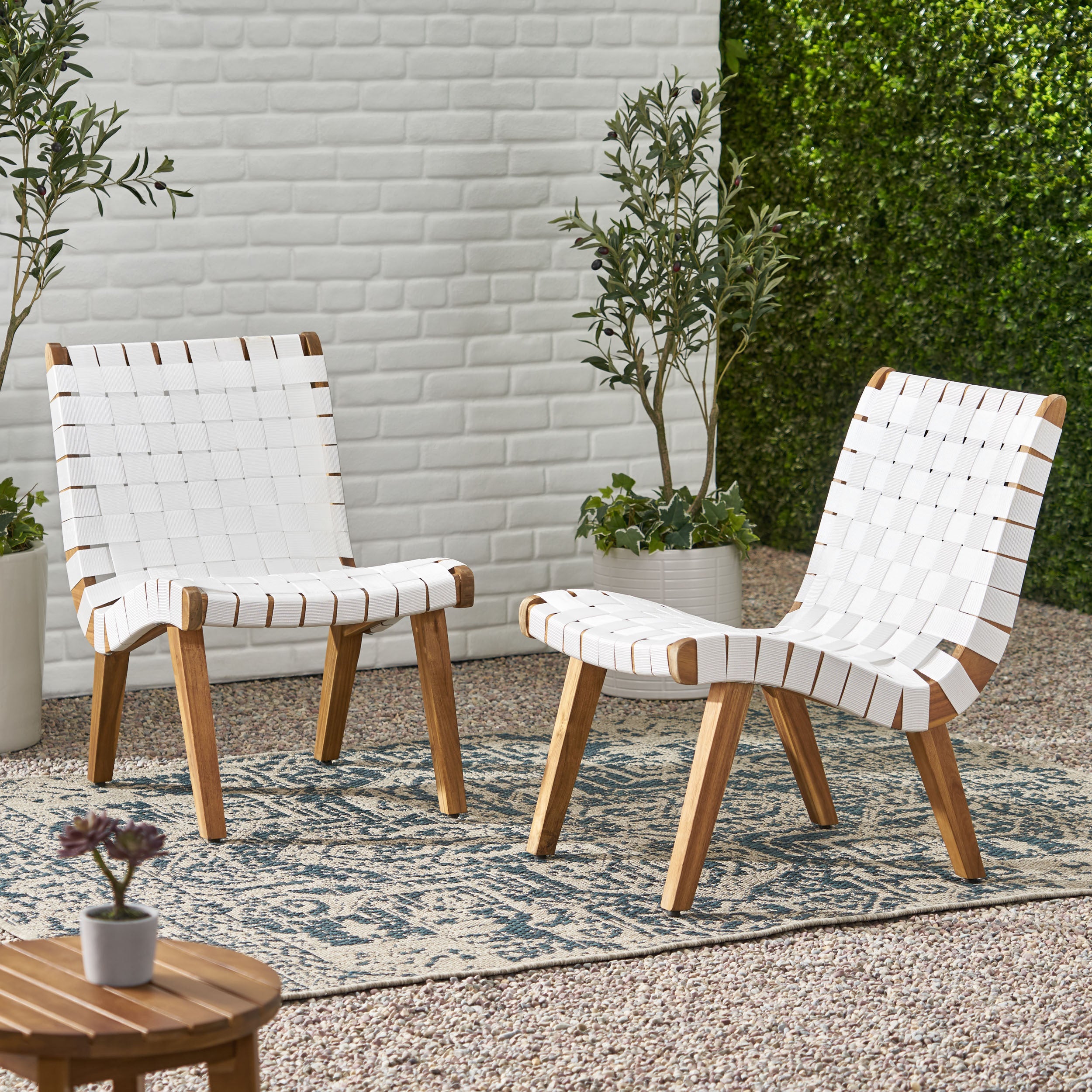 Chablo White Acacia Wood Rope Weave Outdoor Lounge Chair Set (2 Pieces) - MidinMod