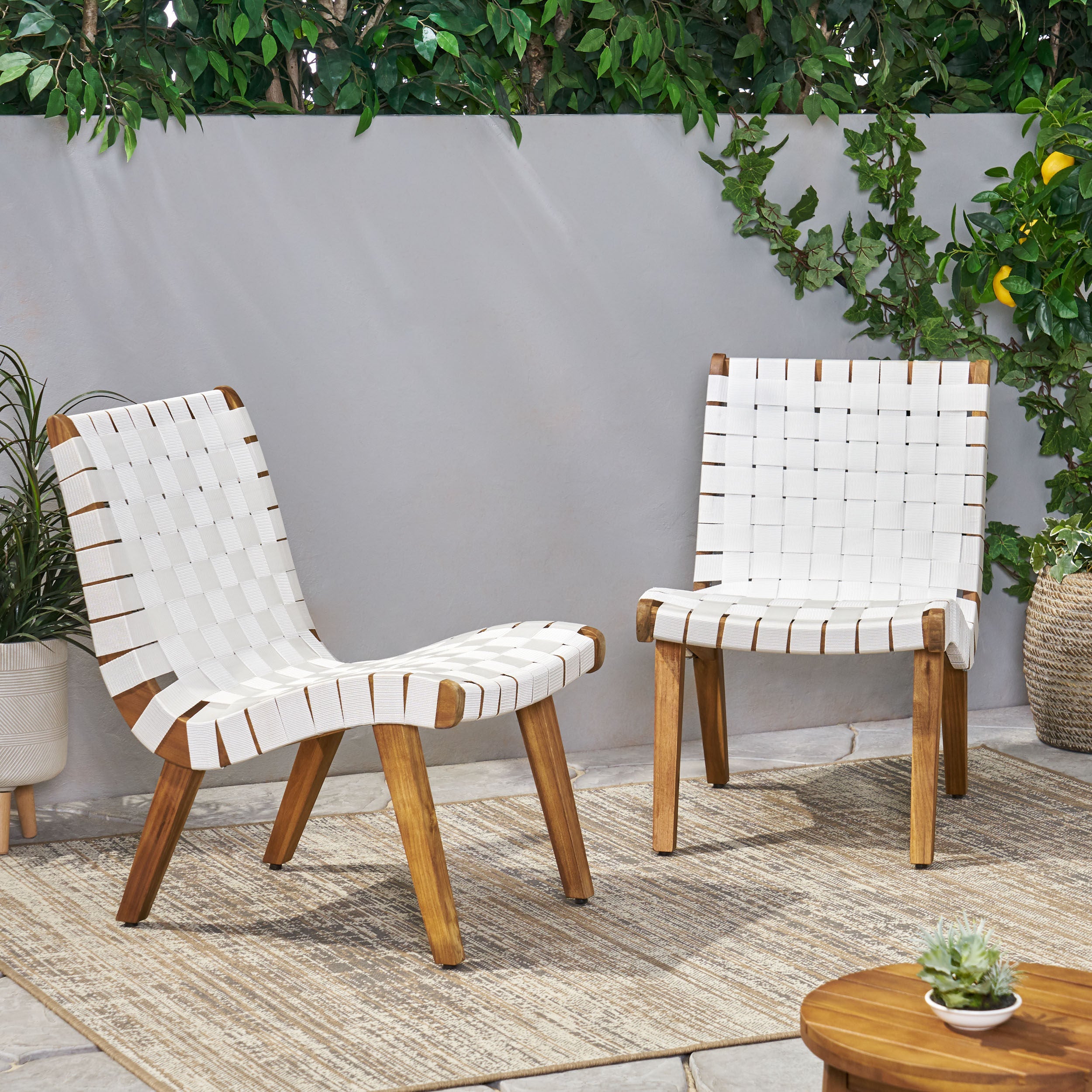 Chablo White Acacia Wood Rope Weave Outdoor Lounge Chair Set (2 Pieces) - MidinMod