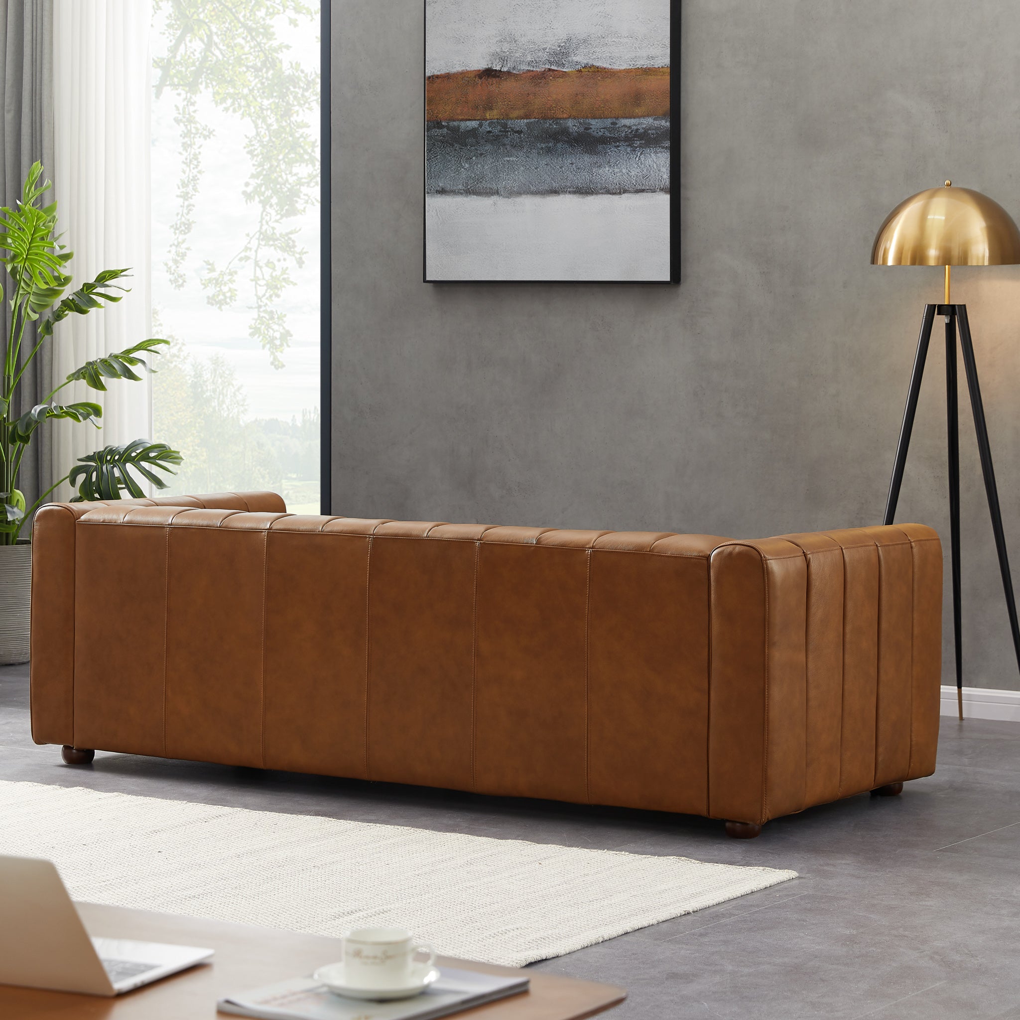 Clara Mid-Century Modern Cognac Top-Grain Leather Sofa | MidinMod