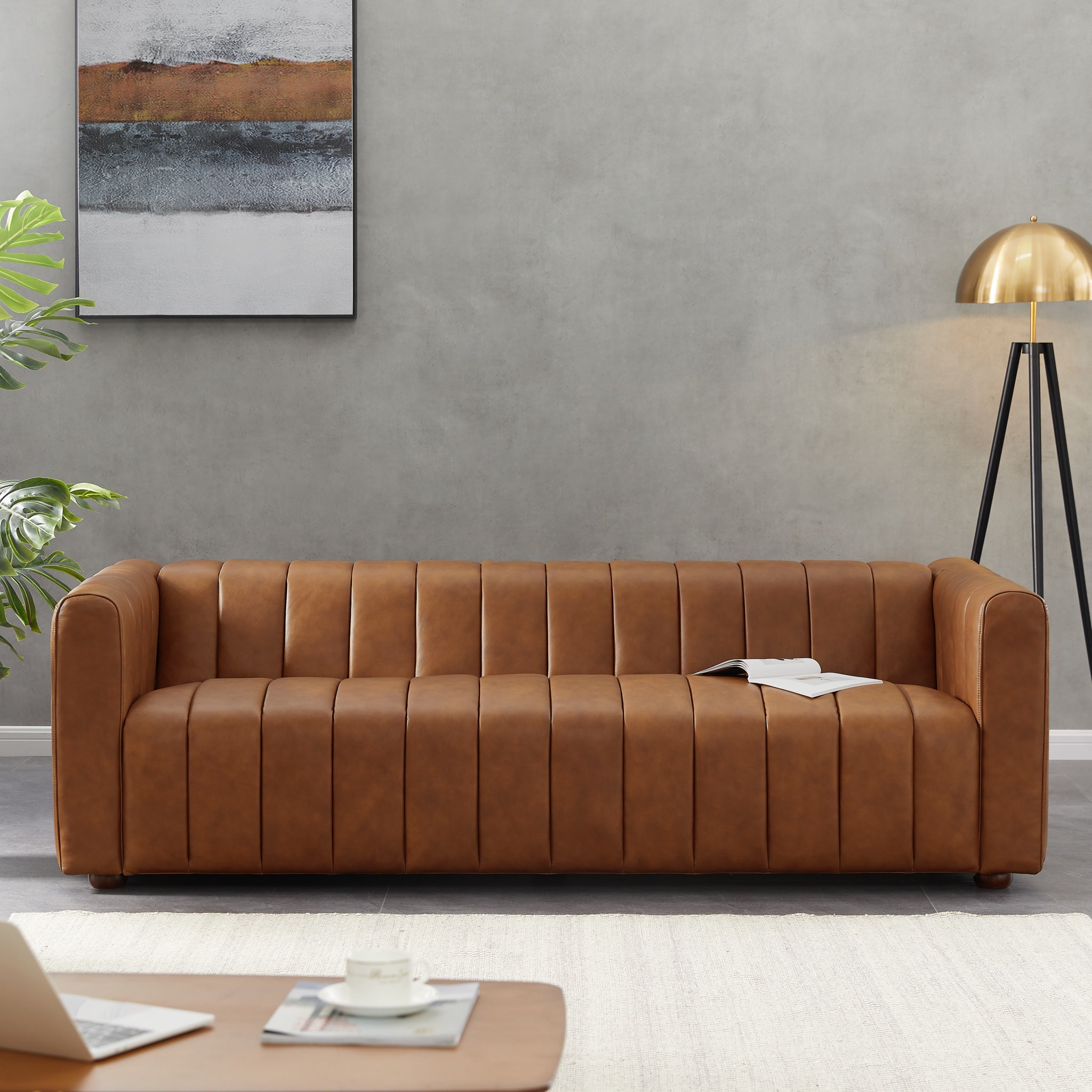 Clara Mid-Century Modern Cognac Top-Grain Leather Sofa | MidinMod