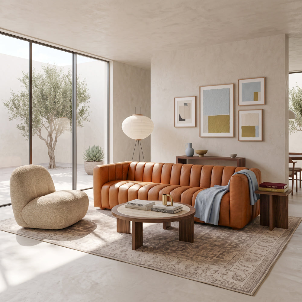 Clara modern tan leather sofa with vertical channel tufting and small wooden feet | MidinMod