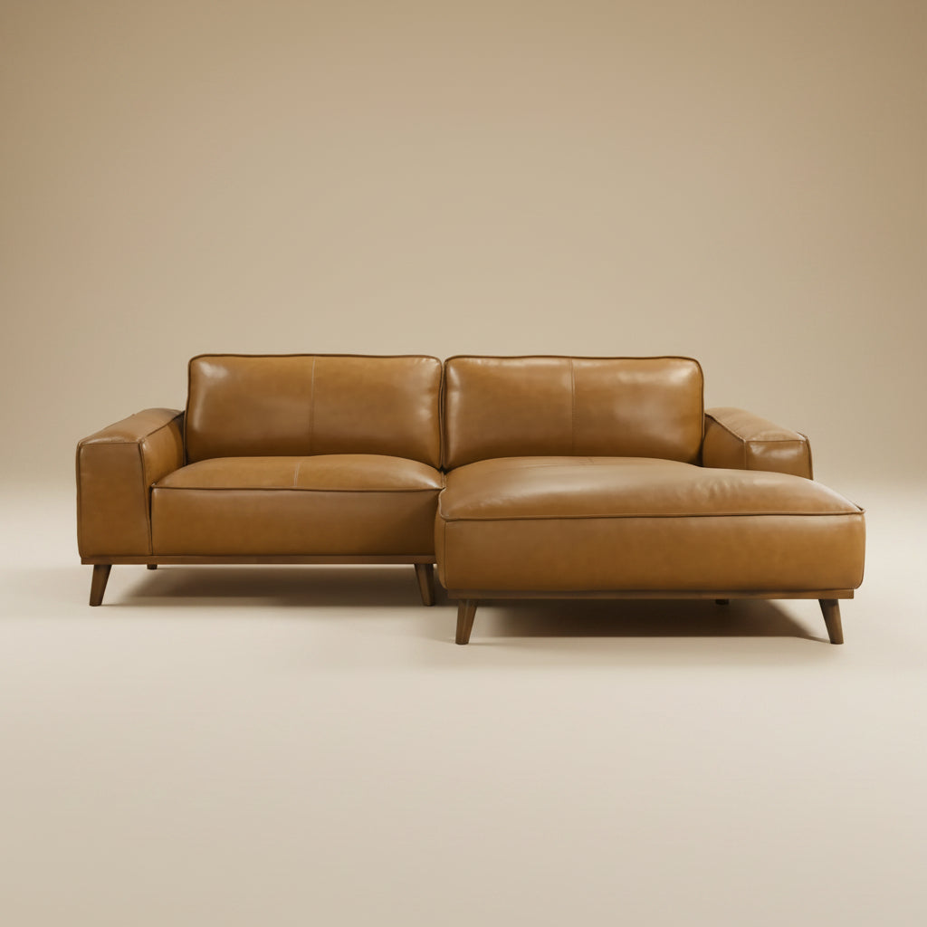 Clifton Tan Leather Sectional Sofa Right Facing Chaise