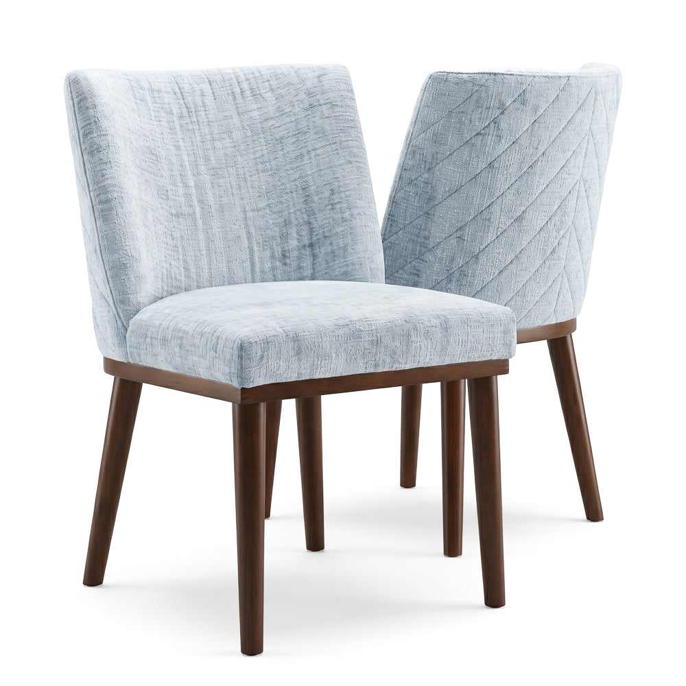 Two grey dining chairs on white, one facing front and one showing the stitched back