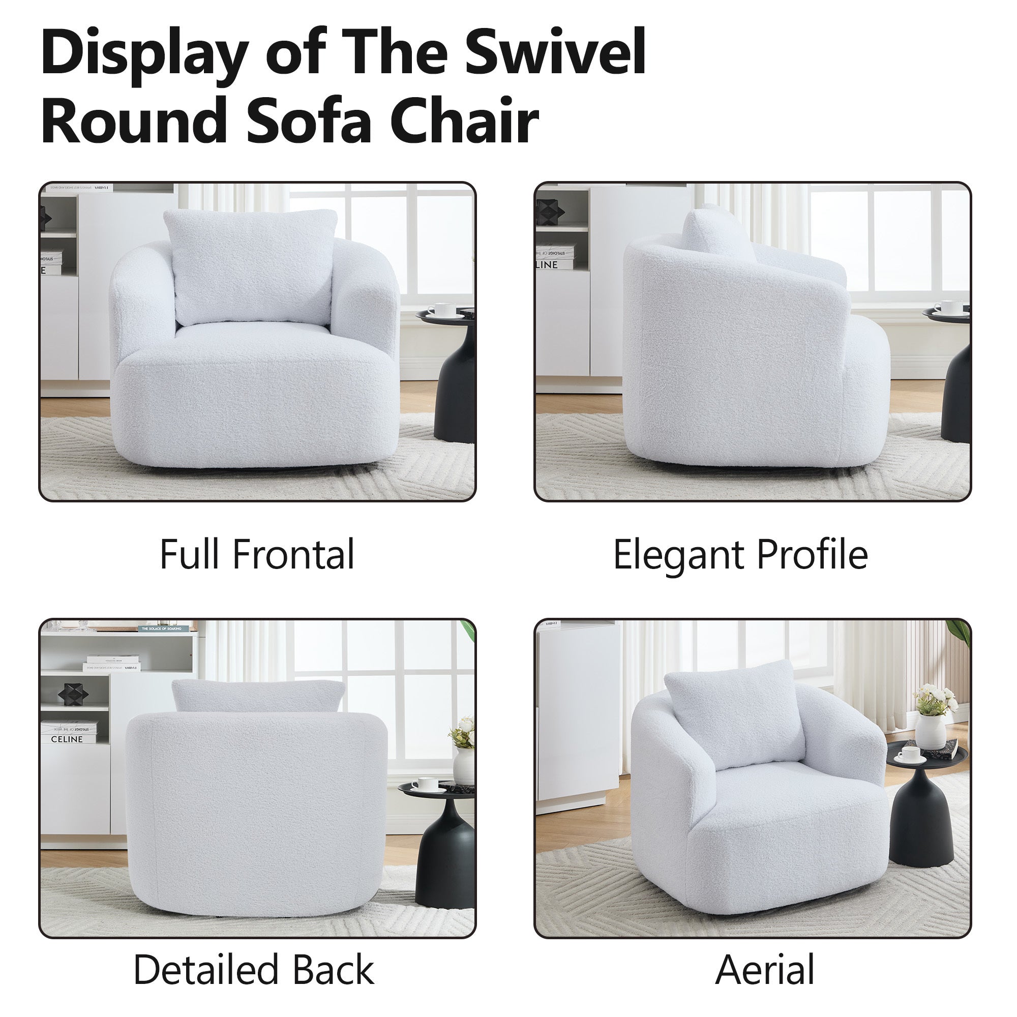 Desna White 360° Swivel Round Sofa Chair with Rolled Arms and Pillow Back - MidinMod