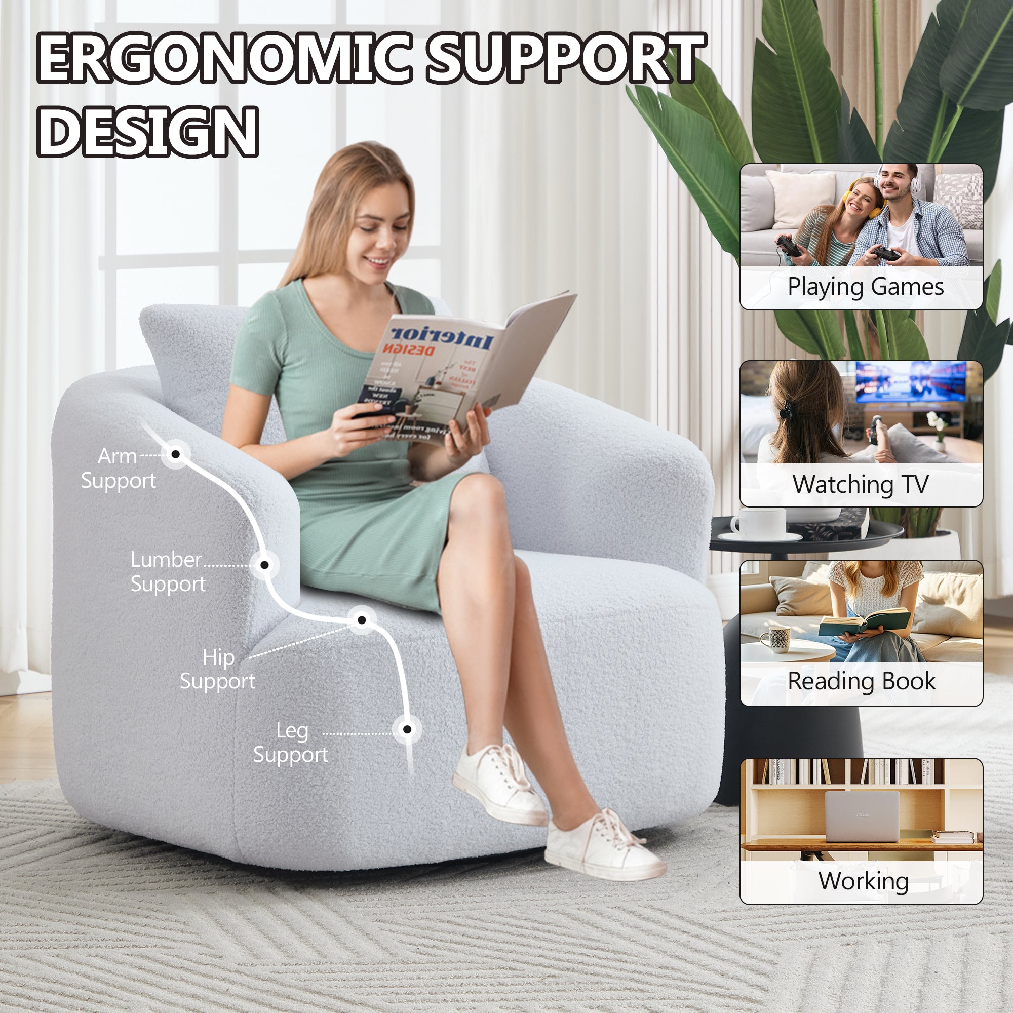 Desna White 360° Swivel Round Sofa Chair with Rolled Arms and Pillow Back - MidinMod