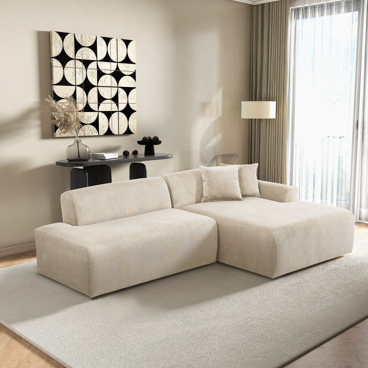 Dexter Cream Corduroy Sectional Right Facing Chaise - MidinMod