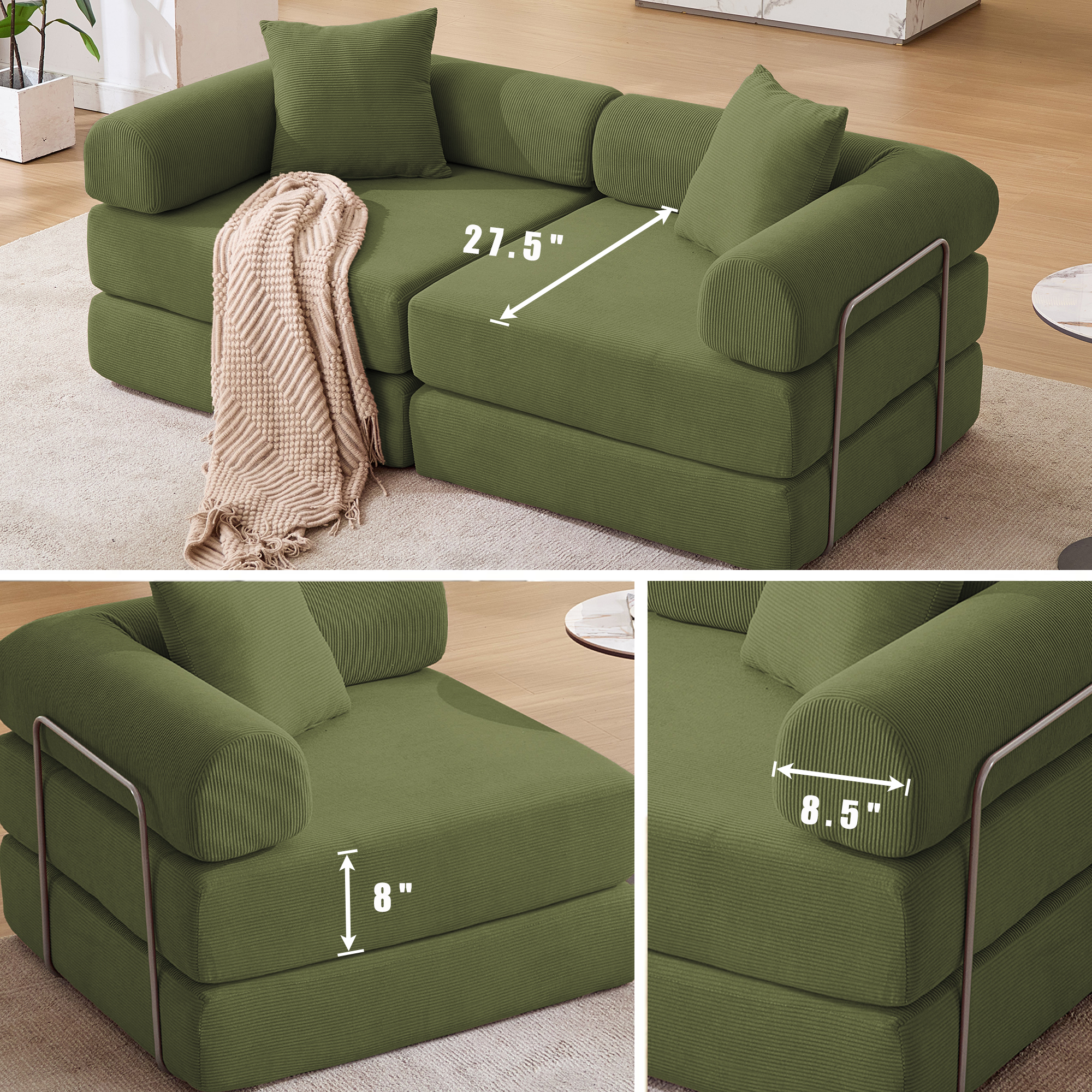 Gaged Modern Green Modular Folding 2-Seat Sofa with Rolled Arms - MidinMod