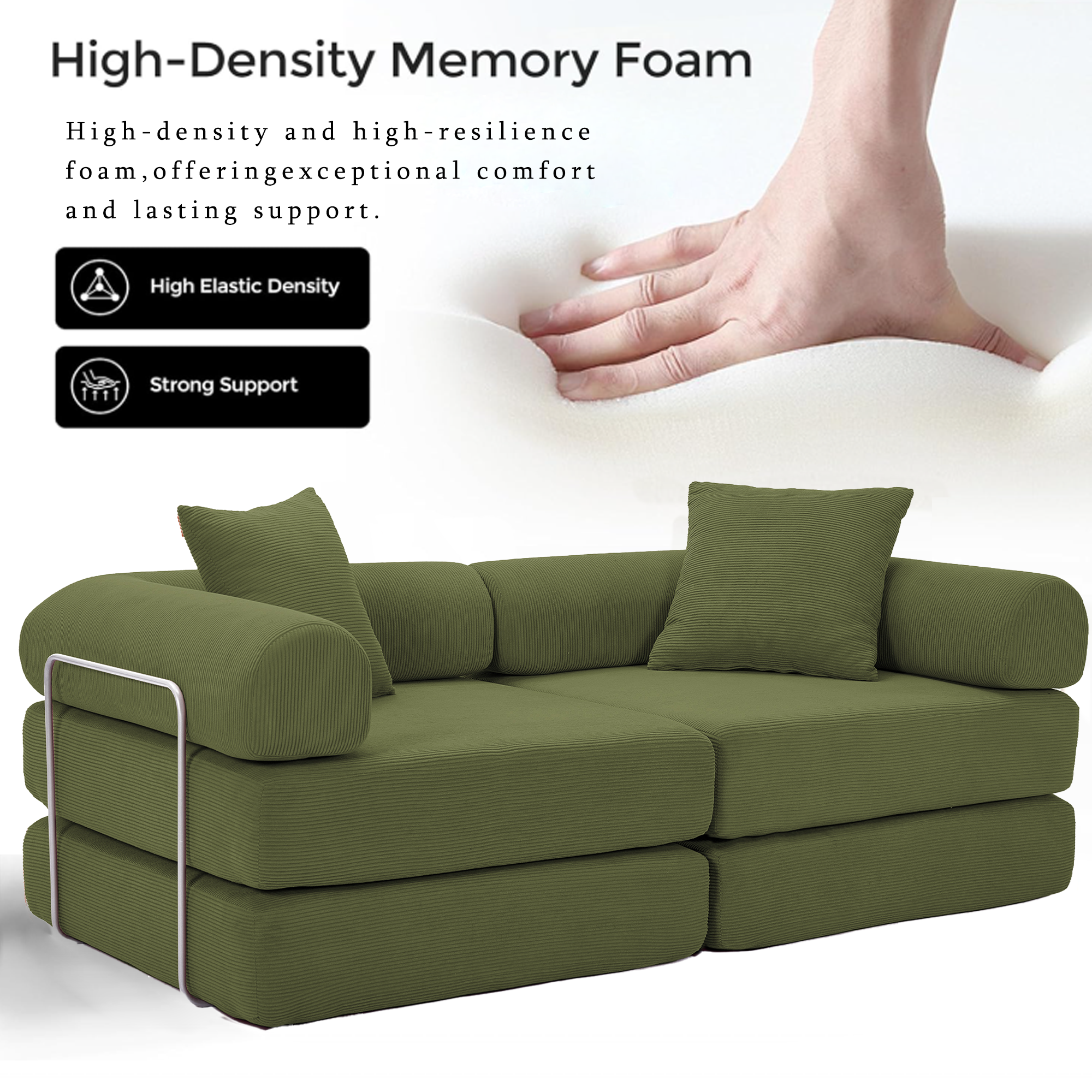 Gaged Modern Green Modular Folding 2-Seat Sofa with Rolled Arms - MidinMod