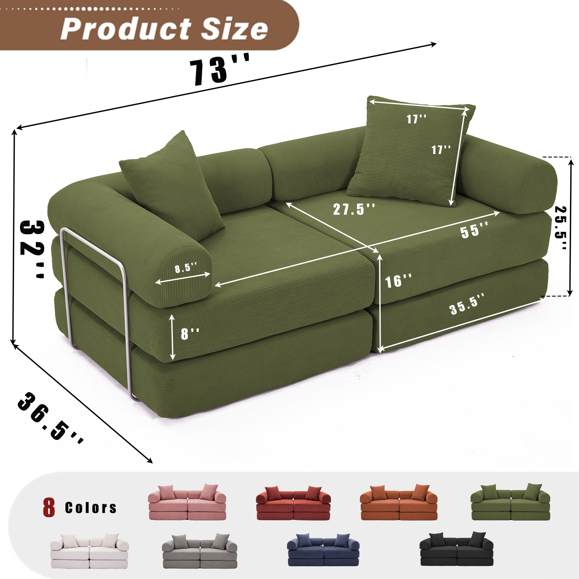 Gaged Modern Green Modular Folding 2-Seat Sofa with Rolled Arms - MidinMod