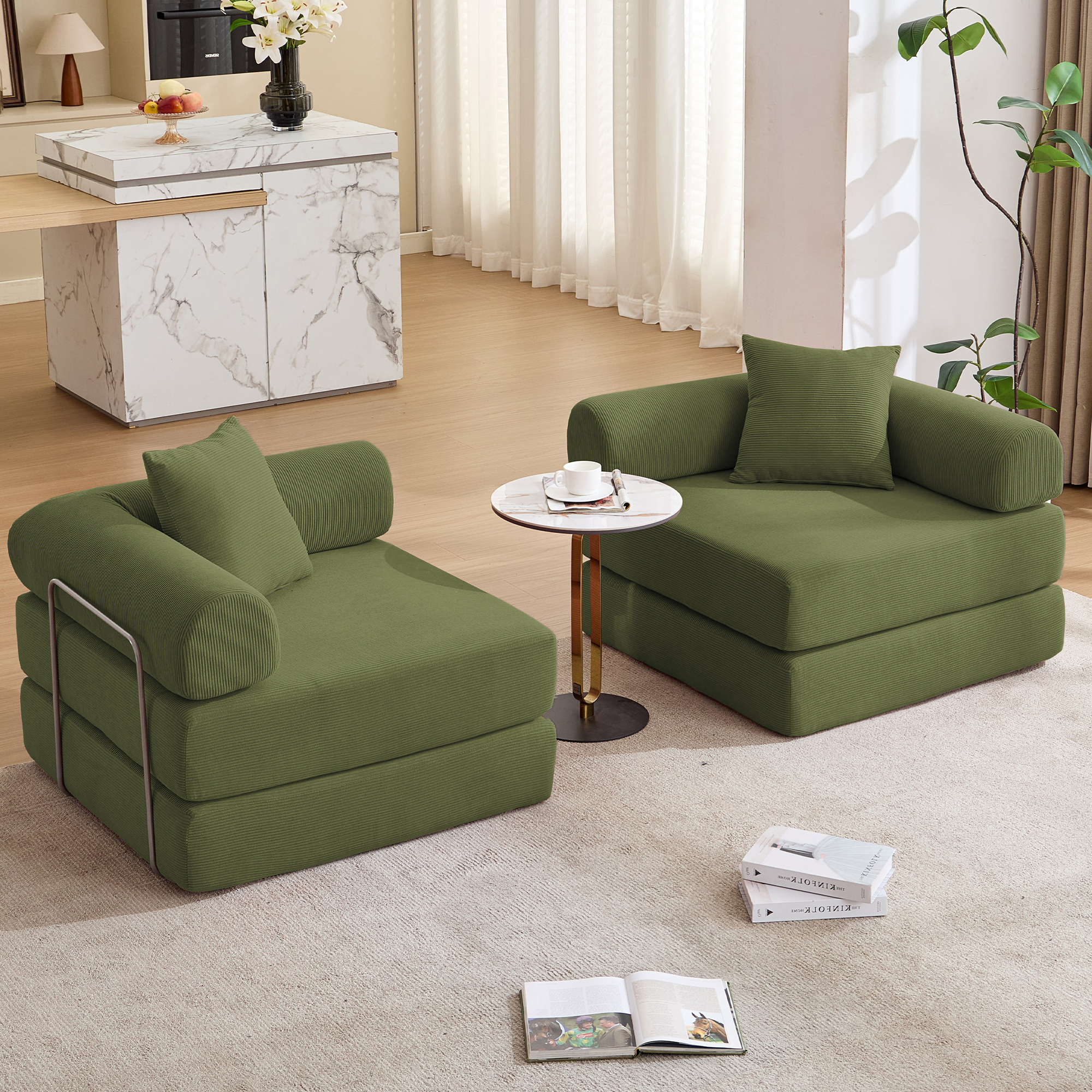 Gaged Modern Green Modular Folding 2-Seat Sofa with Rolled Arms - MidinMod