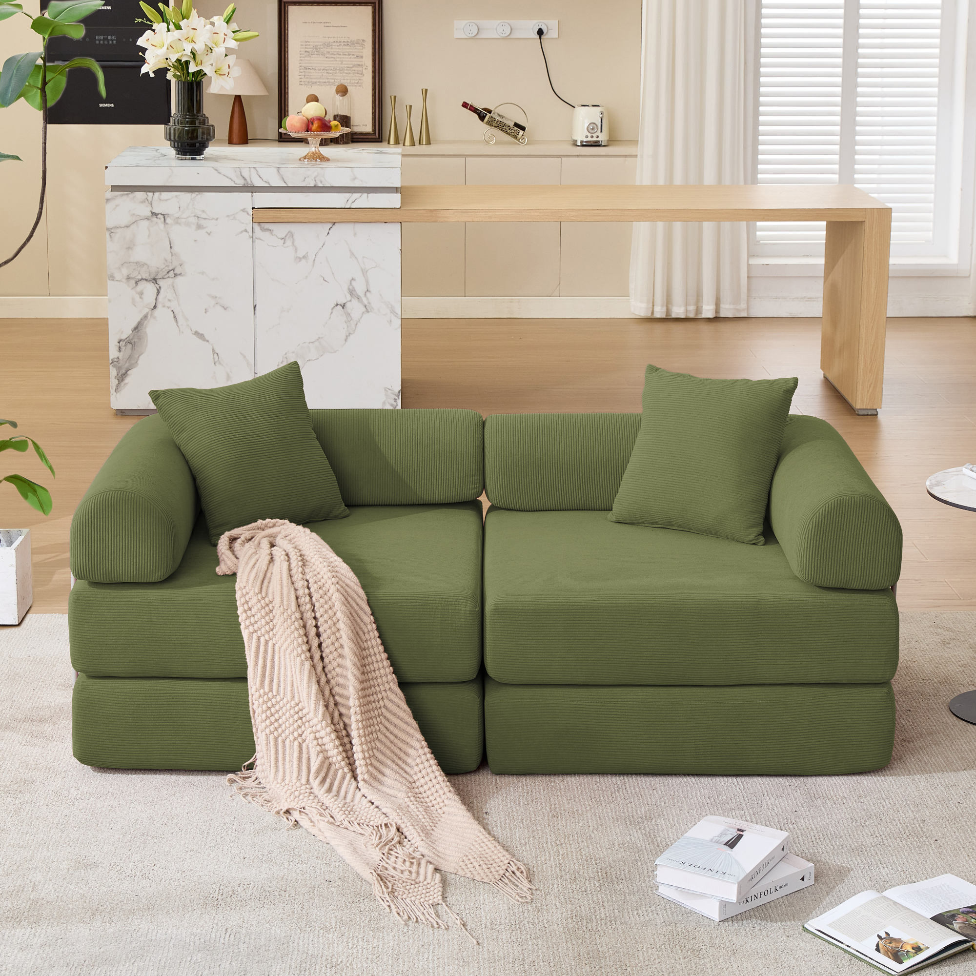 Gaged Modern Green Modular Folding 2-Seat Sofa with Rolled Arms - MidinMod
