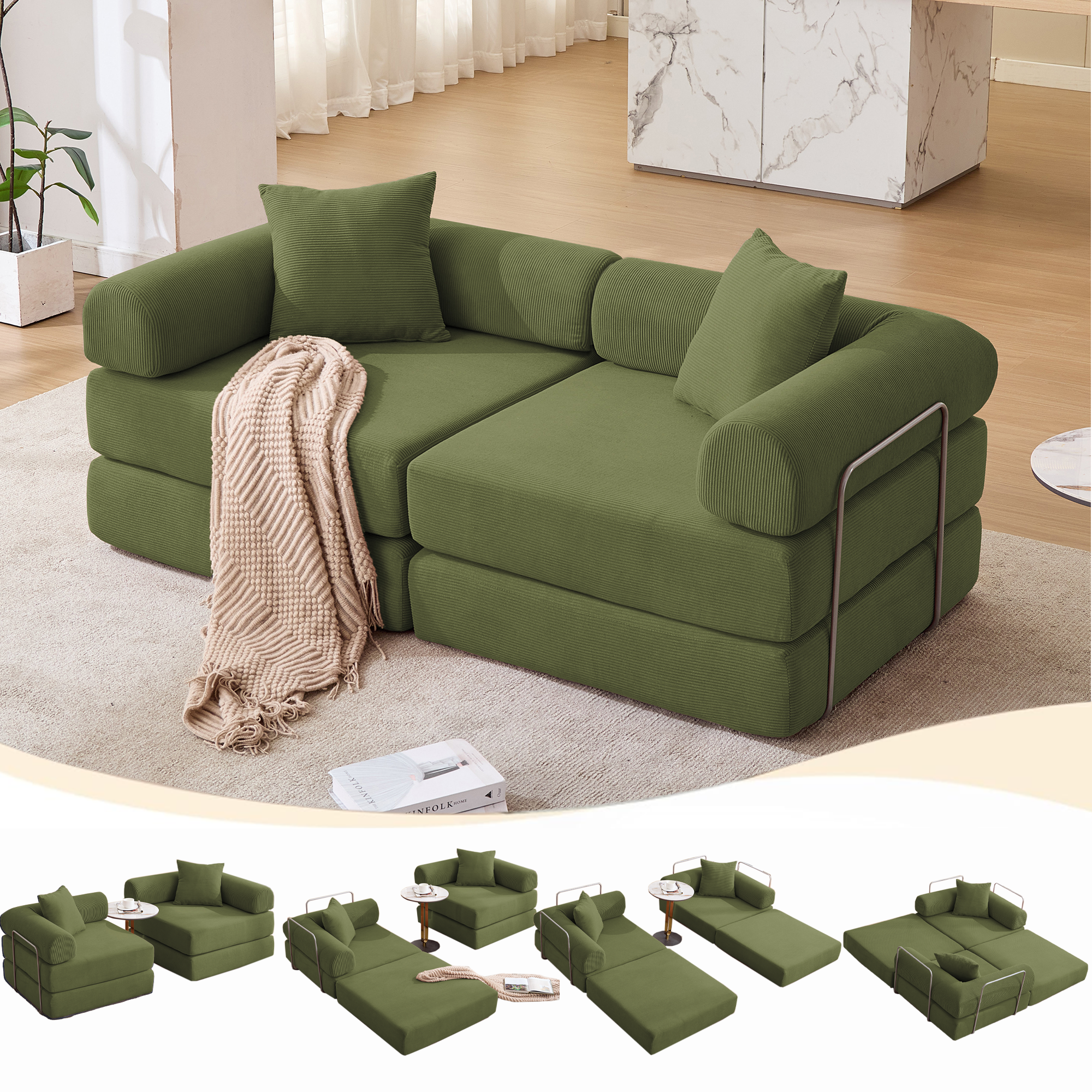 Gaged Modern Green Modular Folding 2-Seat Sofa with Rolled Arms - MidinMod