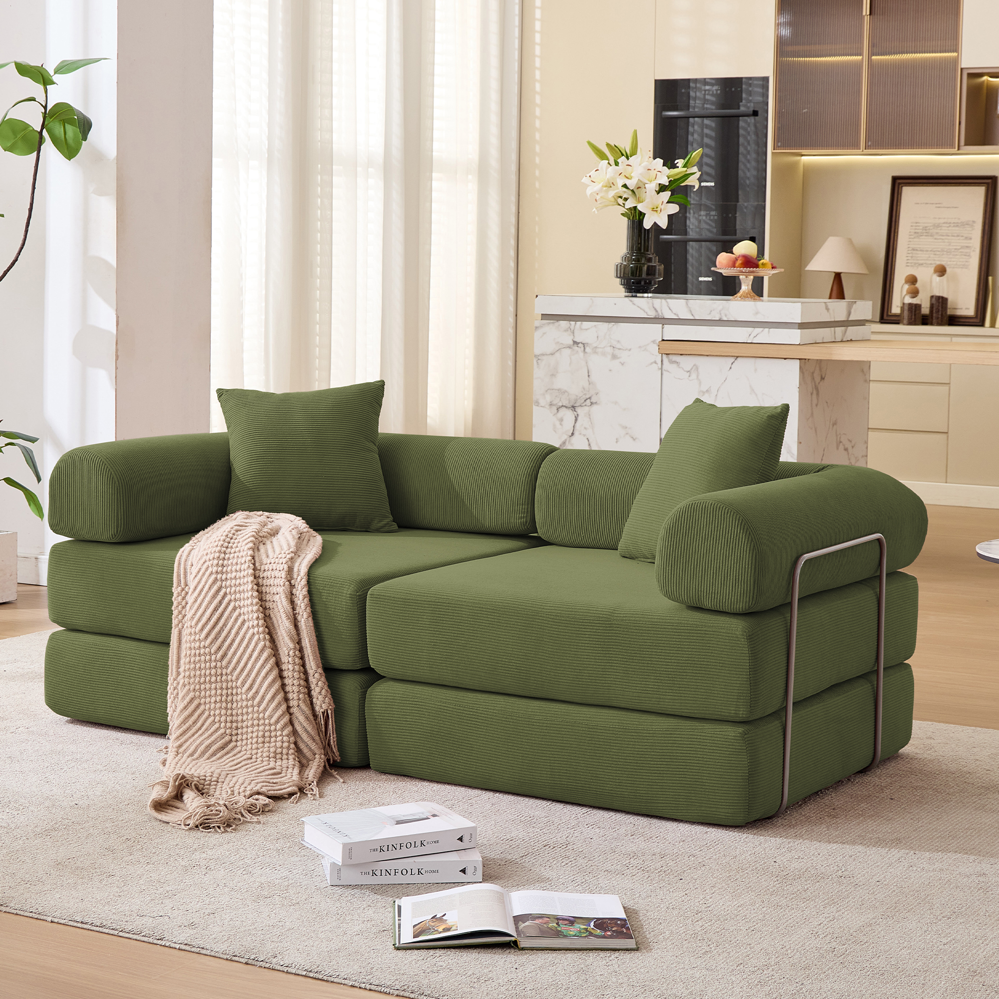 Gaged Modern Green Modular Folding 2-Seat Sofa with Rolled Arms - MidinMod
