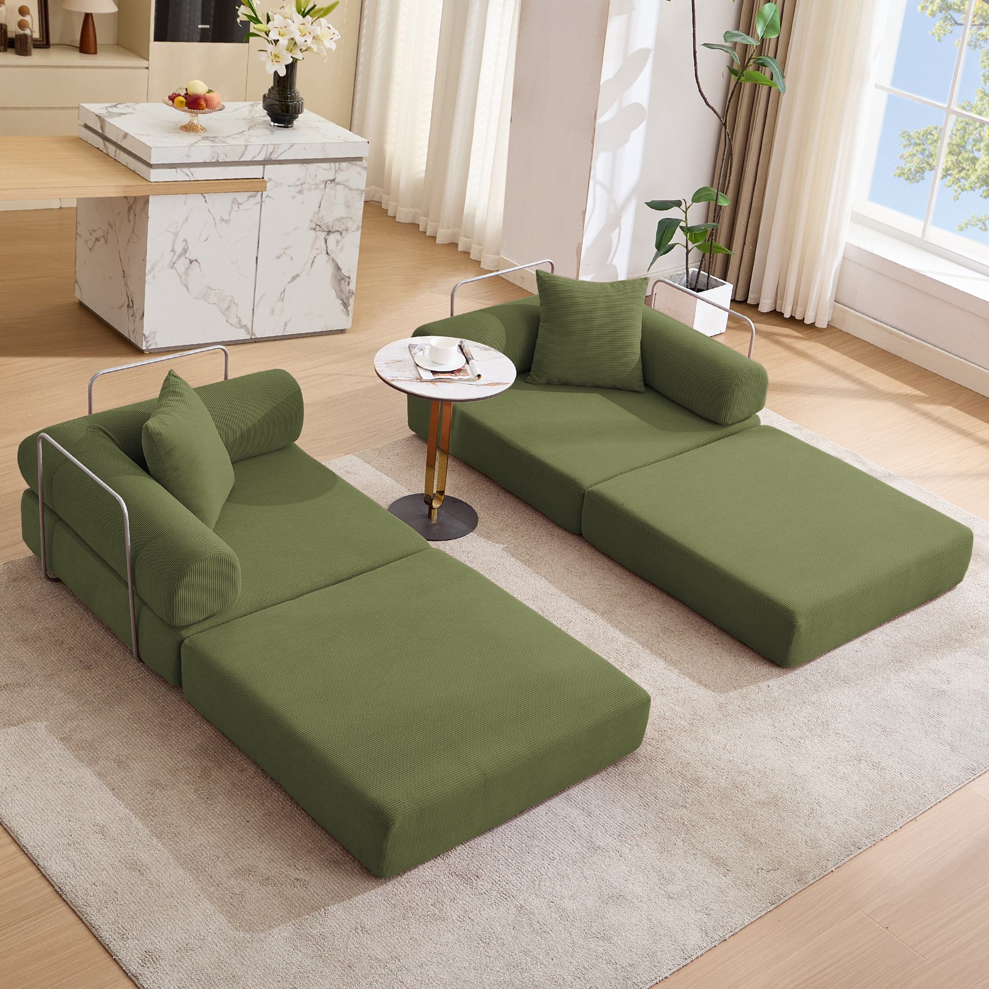 Gaged Modern Green Modular Folding 2-Seat Sofa with Rolled Arms - MidinMod