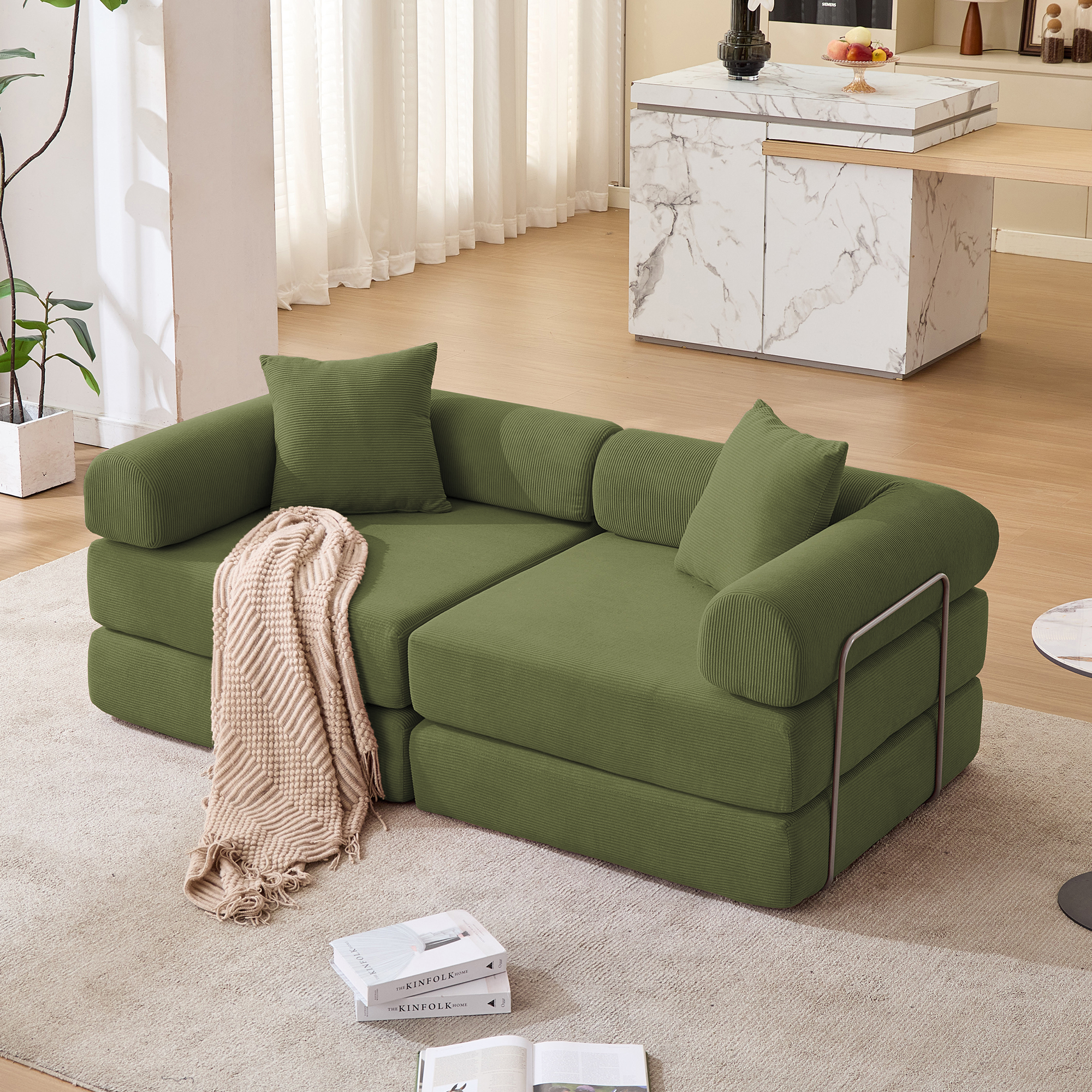 Gaged Modern Green Modular Folding 2-Seat Sofa with Rolled Arms - MidinMod