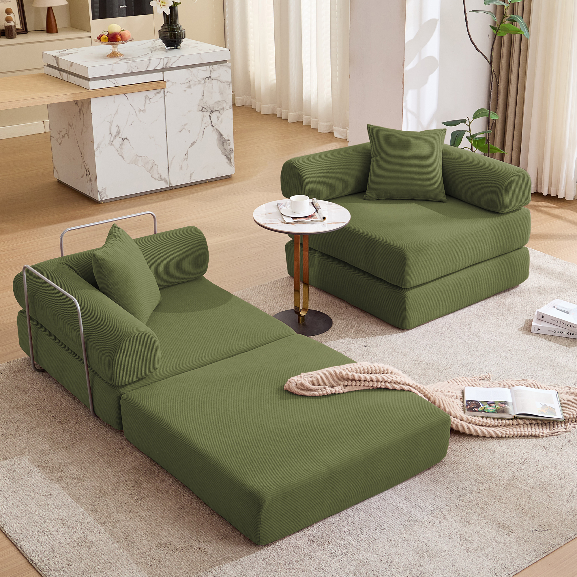 Gaged Modern Green Modular Folding 2-Seat Sofa with Rolled Arms - MidinMod
