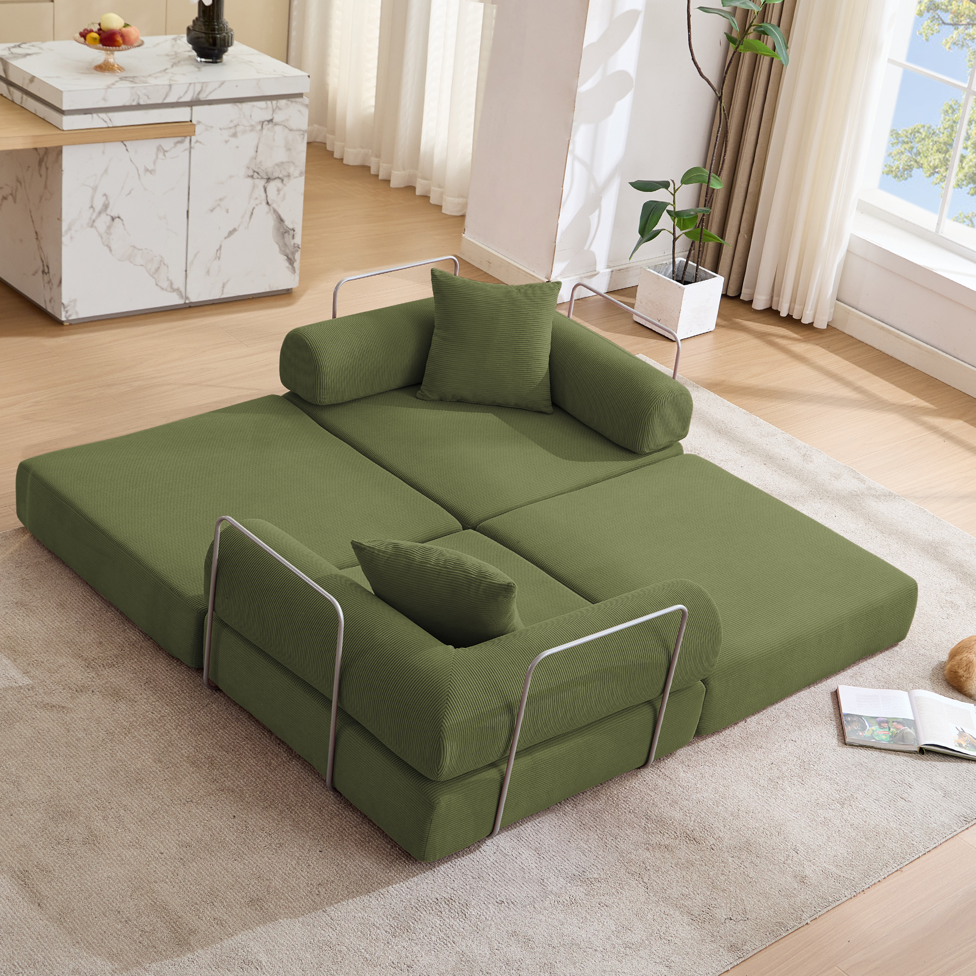 Gaged Modern Green Modular Folding 2-Seat Sofa with Rolled Arms - MidinMod