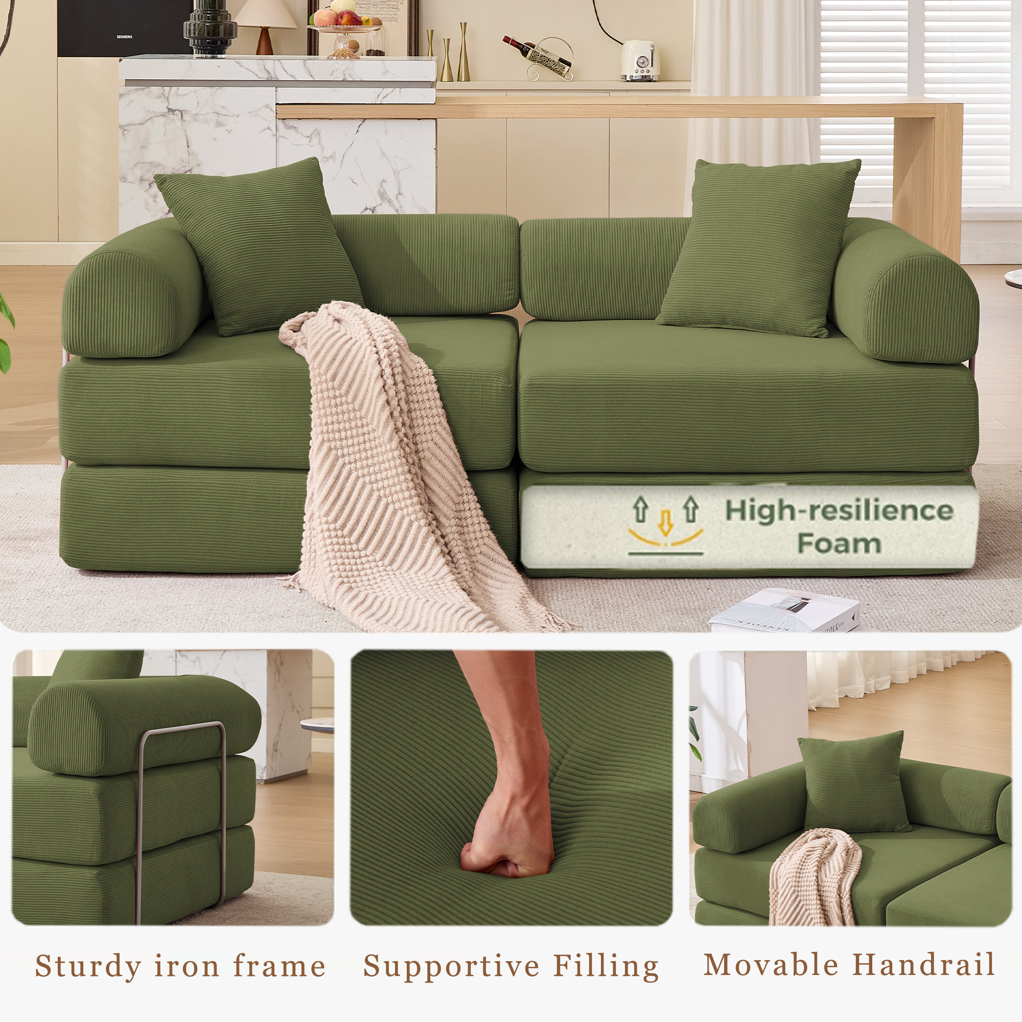 Gaged Modern Green Modular Folding 2-Seat Sofa with Rolled Arms - MidinMod