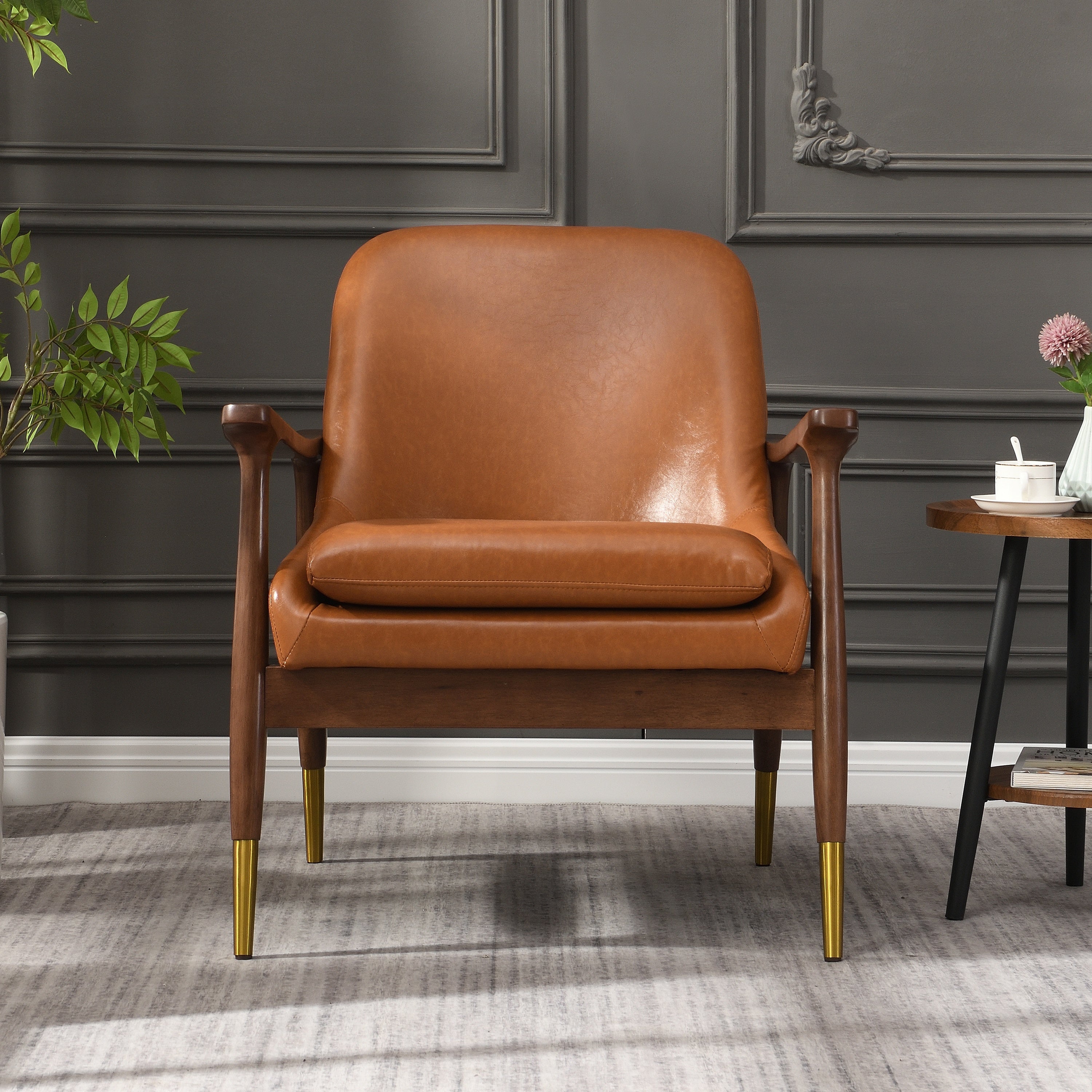 Hafi Brown PU Leather and Solid Wood Mid-Century Modern Accent Chair - MidinMod