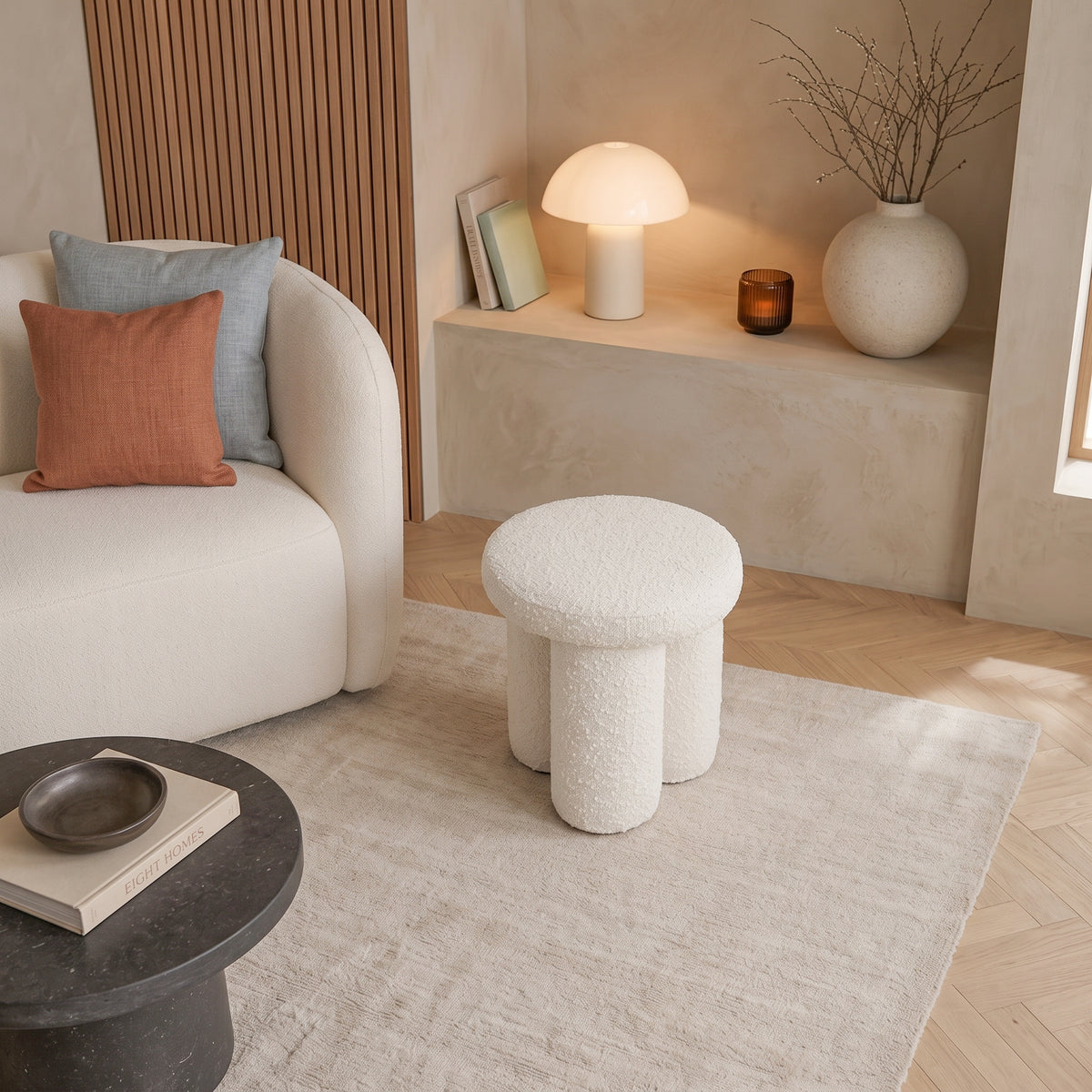 Hico Modern Japandi Boucle Stool – Minimalist Cylinder Ottoman | MidinMod