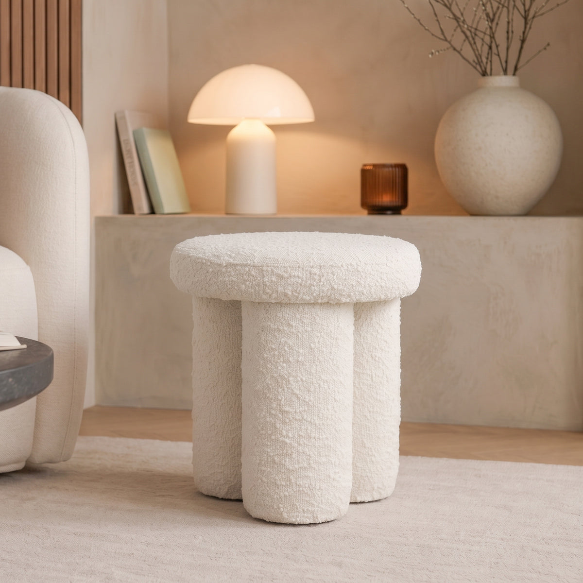 Hico Modern Japandi Boucle Stool – Minimalist Cylinder Ottoman | MidinMod