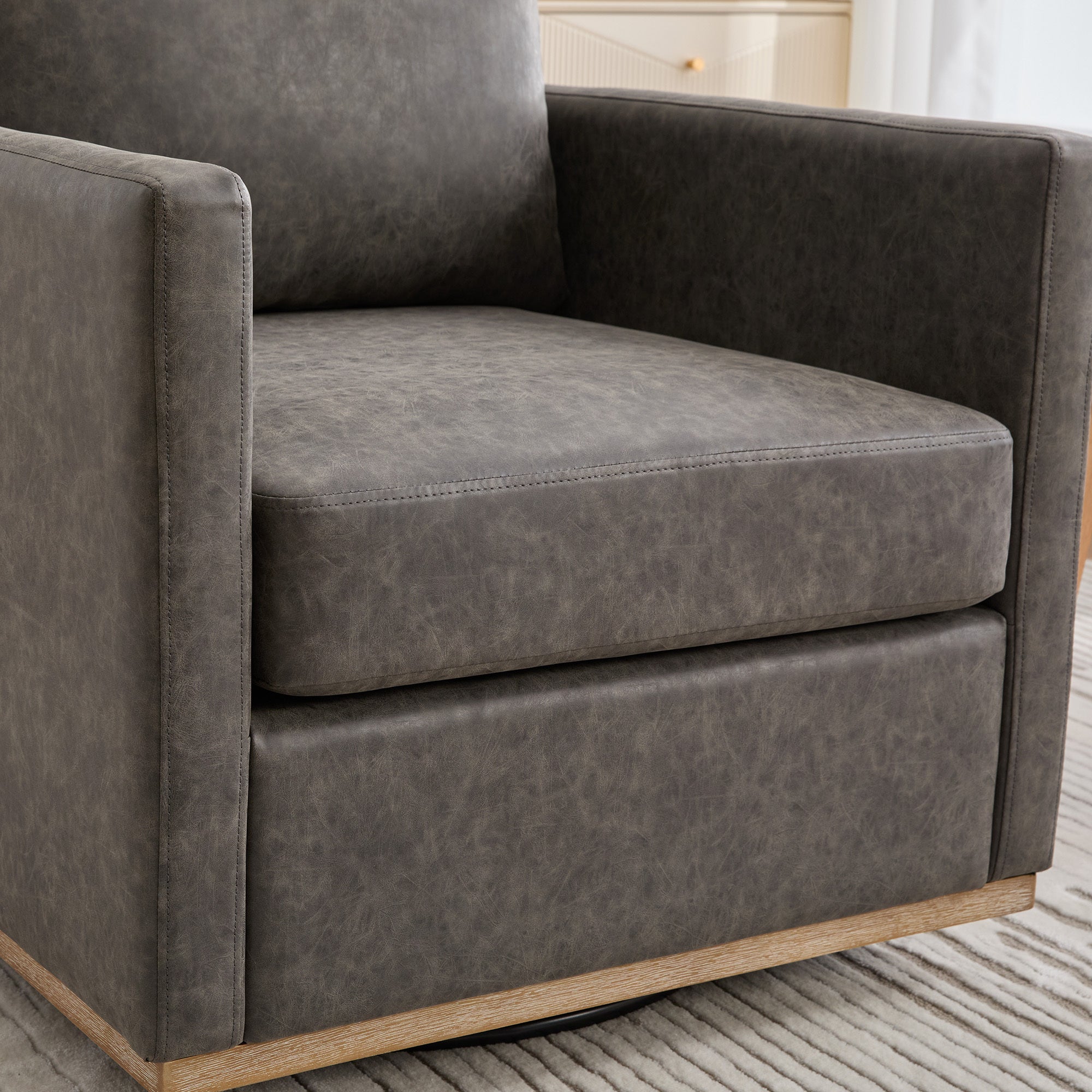 Hira Grey Vegan Leather Swivel Accent Chair with Weathered Wood Trim and Plush Cushion - MidinMod