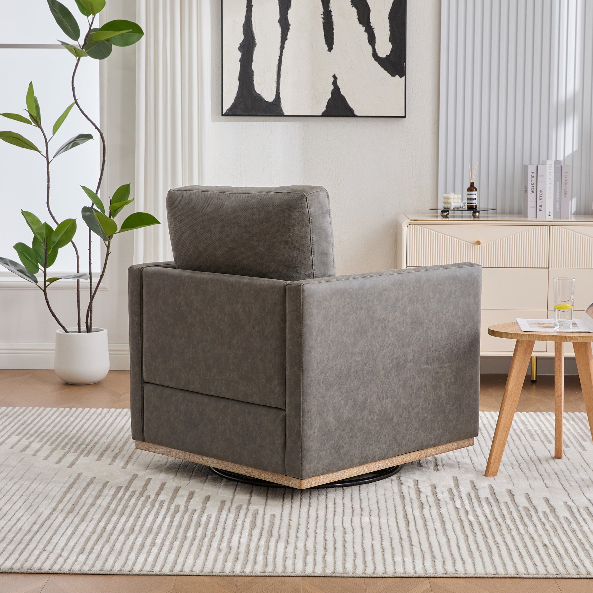 Hira Grey Vegan Leather Swivel Accent Chair with Weathered Wood Trim and Plush Cushion - MidinMod