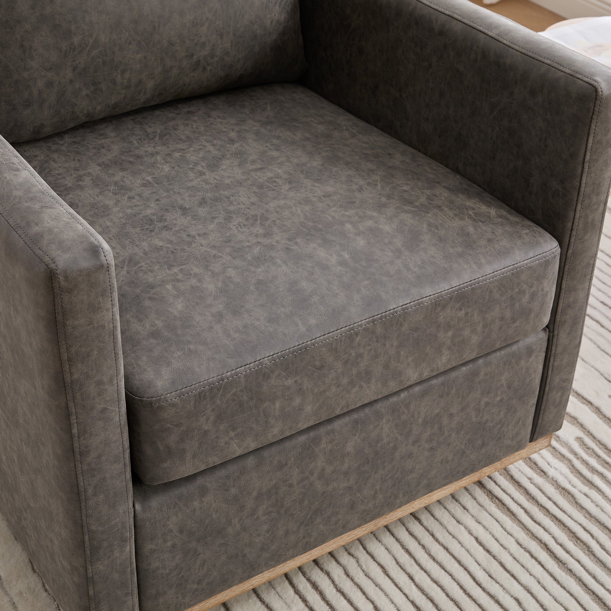 Hira Grey Vegan Leather Swivel Accent Chair with Weathered Wood Trim and Plush Cushion - MidinMod