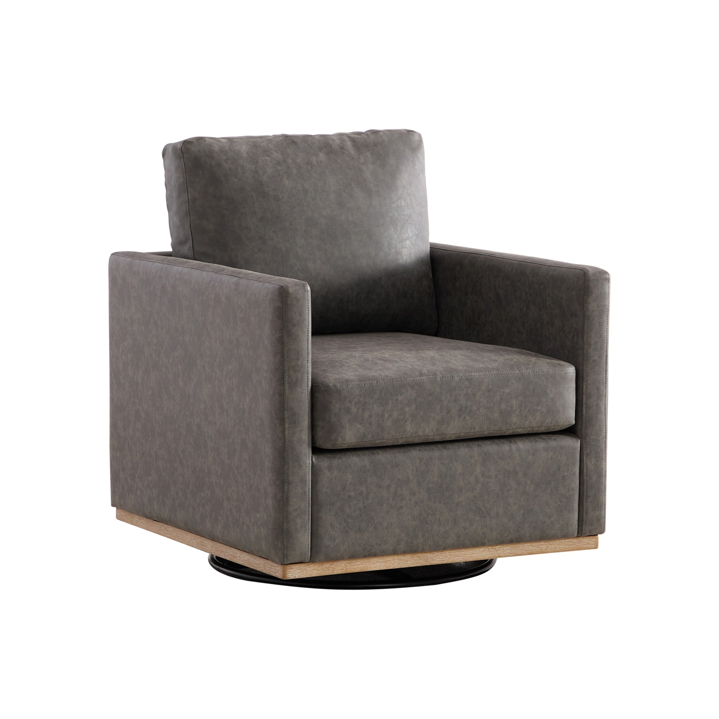 Hira Grey Vegan Leather Swivel Accent Chair with Weathered Wood Trim and Plush Cushion - MidinMod