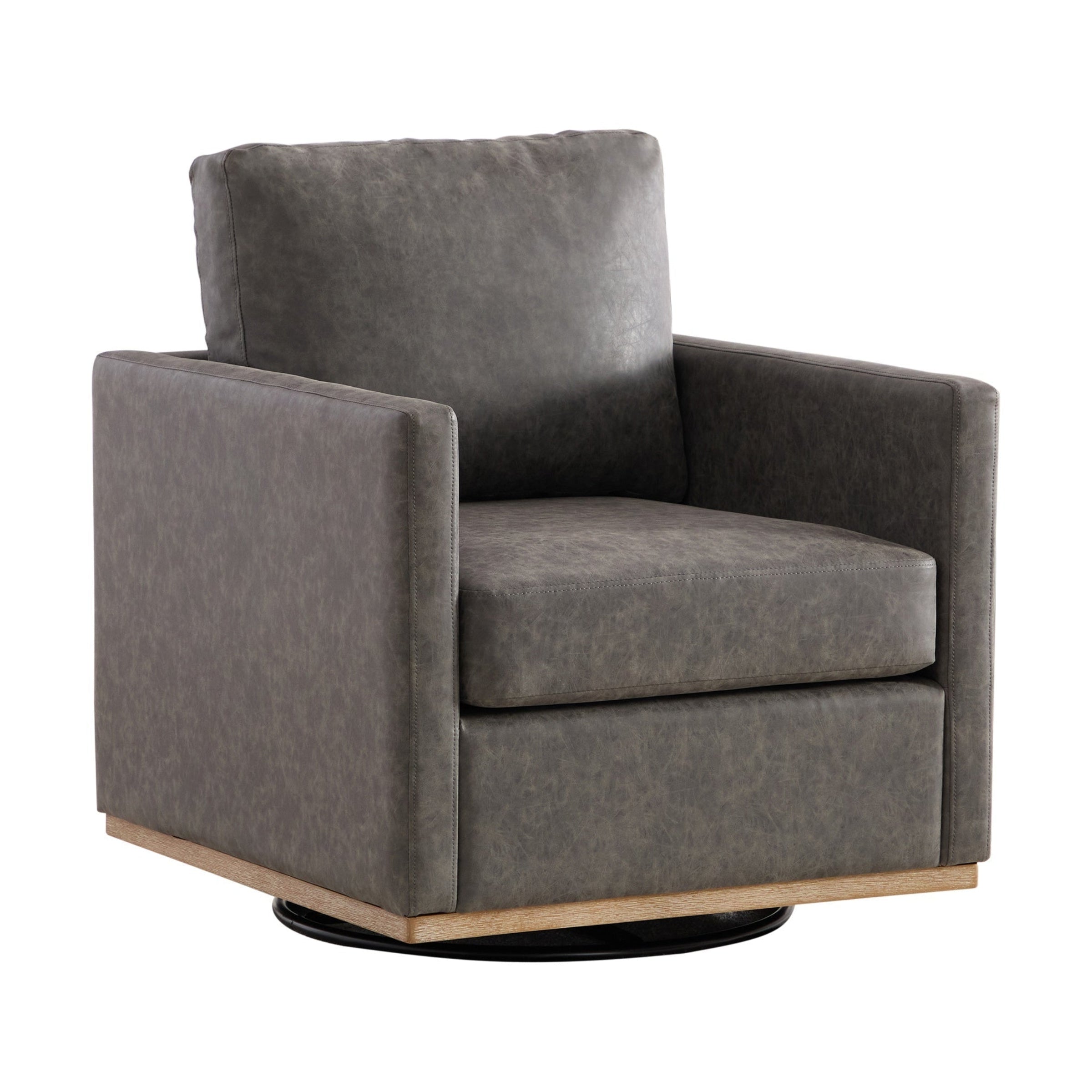 Hira Grey Vegan Leather Swivel Accent Chair with Weathered Wood Trim and Plush Cushion - MidinMod