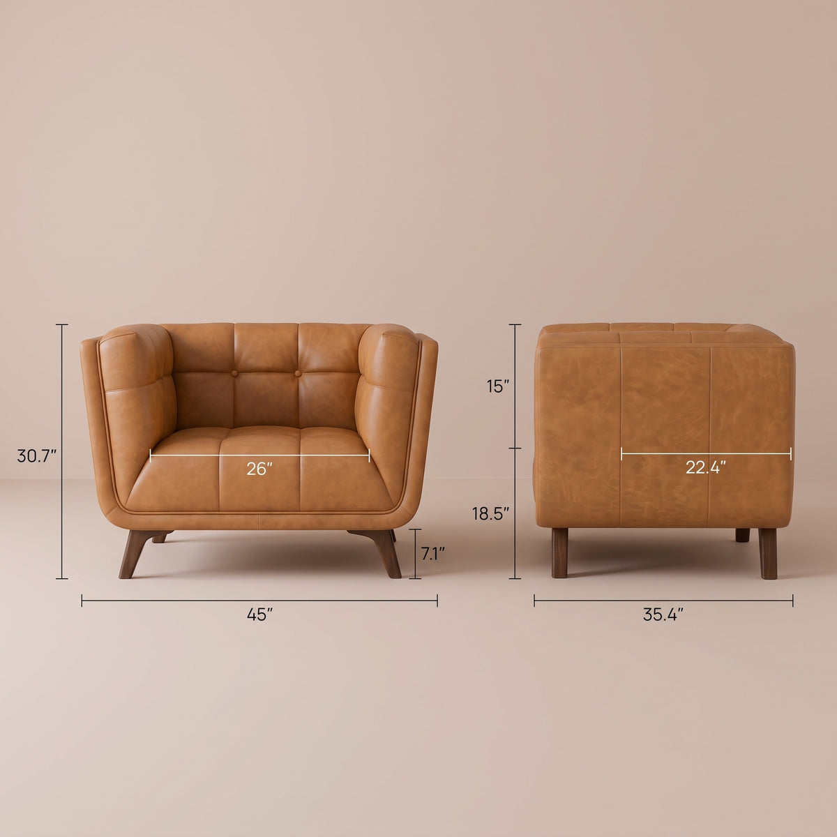 Dimensions ImageMidinMod Mid-Century Modern Cognac Genuine Leather Lounge Chair | MidinMod