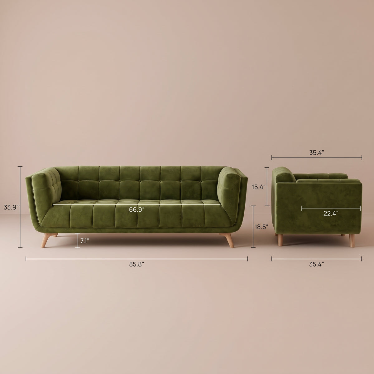 Kano Chesterfield Tufted Green Velvet Sofa | MidinMod