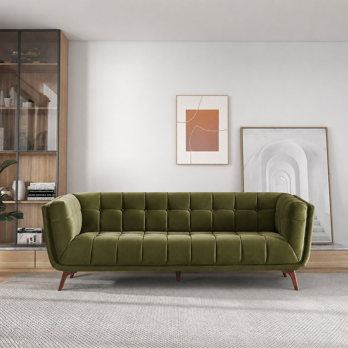 Olive green velvet sofa styled in a bright living room with framed prints, wood cabinet and grey woven rug