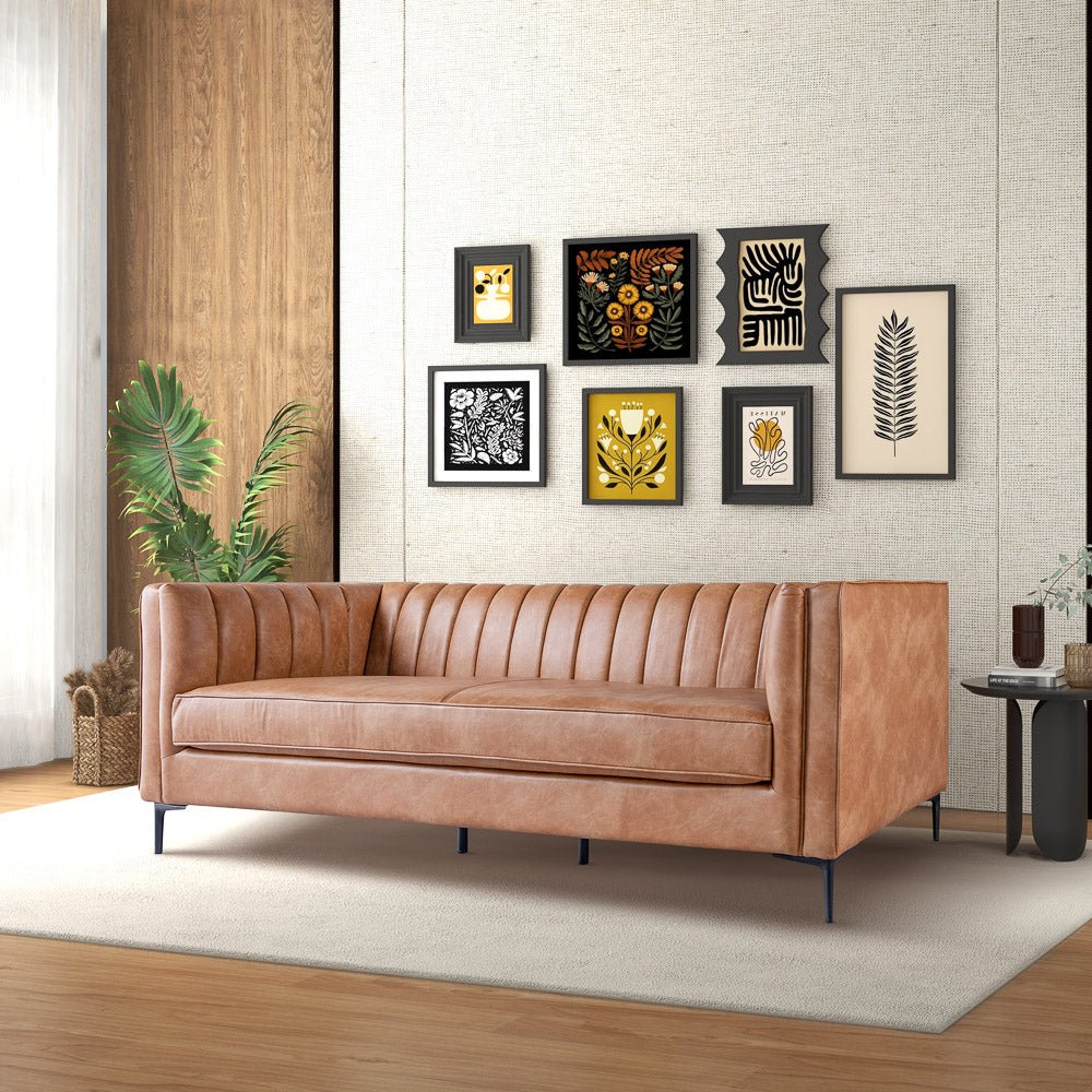 Kendra 84" Cognac Tan Vegan Leather Sofa | Mid-Century Modern Luxury Couch | MidinMod