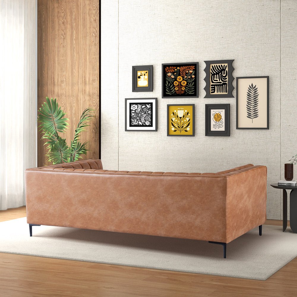 Kendra 84" Cognac Tan Vegan Leather Sofa | Mid-Century Modern Luxury Couch | MidinMod