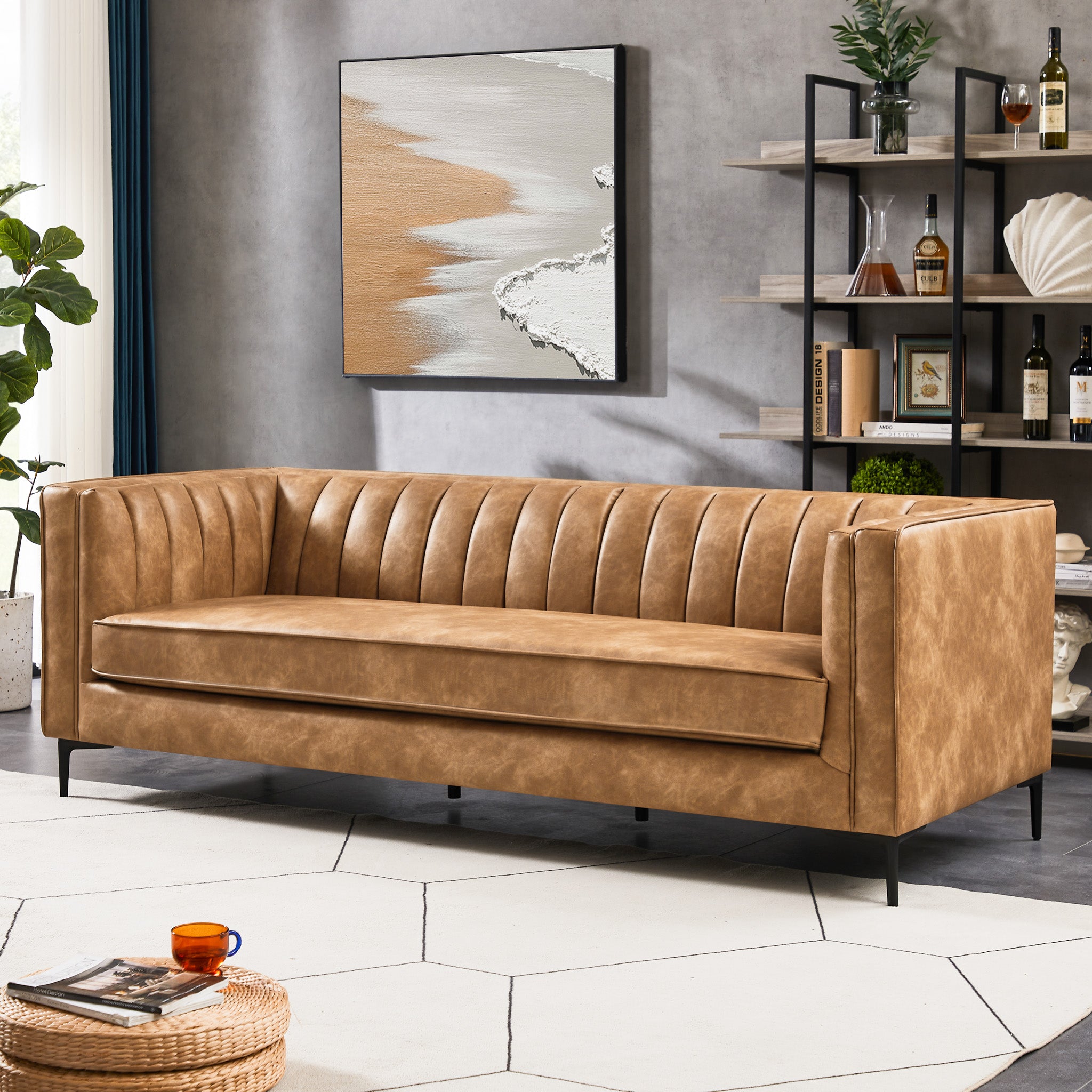 Kendra 84" Cognac Tan Vegan Leather Sofa | Mid-Century Modern Luxury Couch | MidinMod