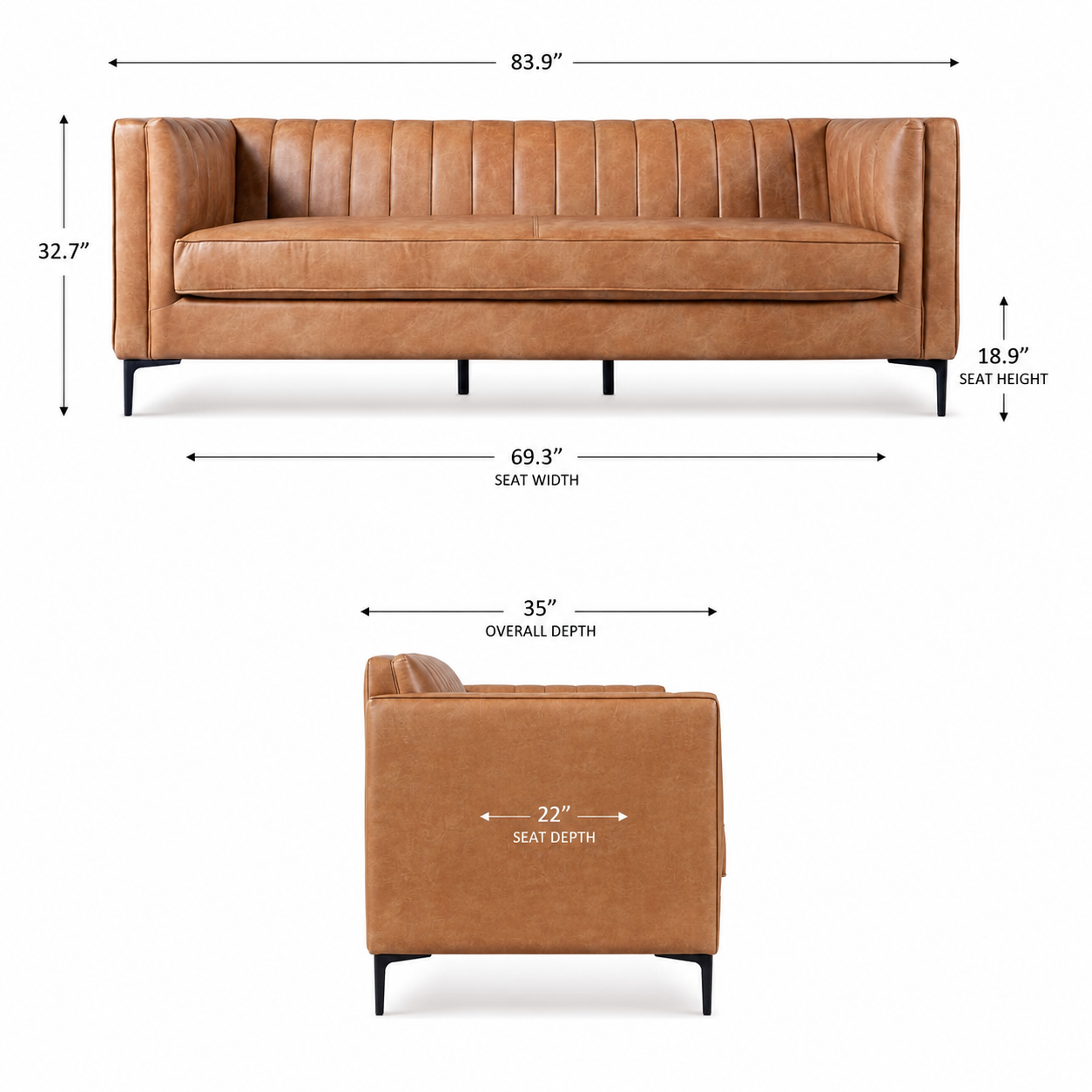 Kendra 84" Cognac Tan Vegan Leather Sofa | Mid-Century Modern Luxury Couch | MidinMod