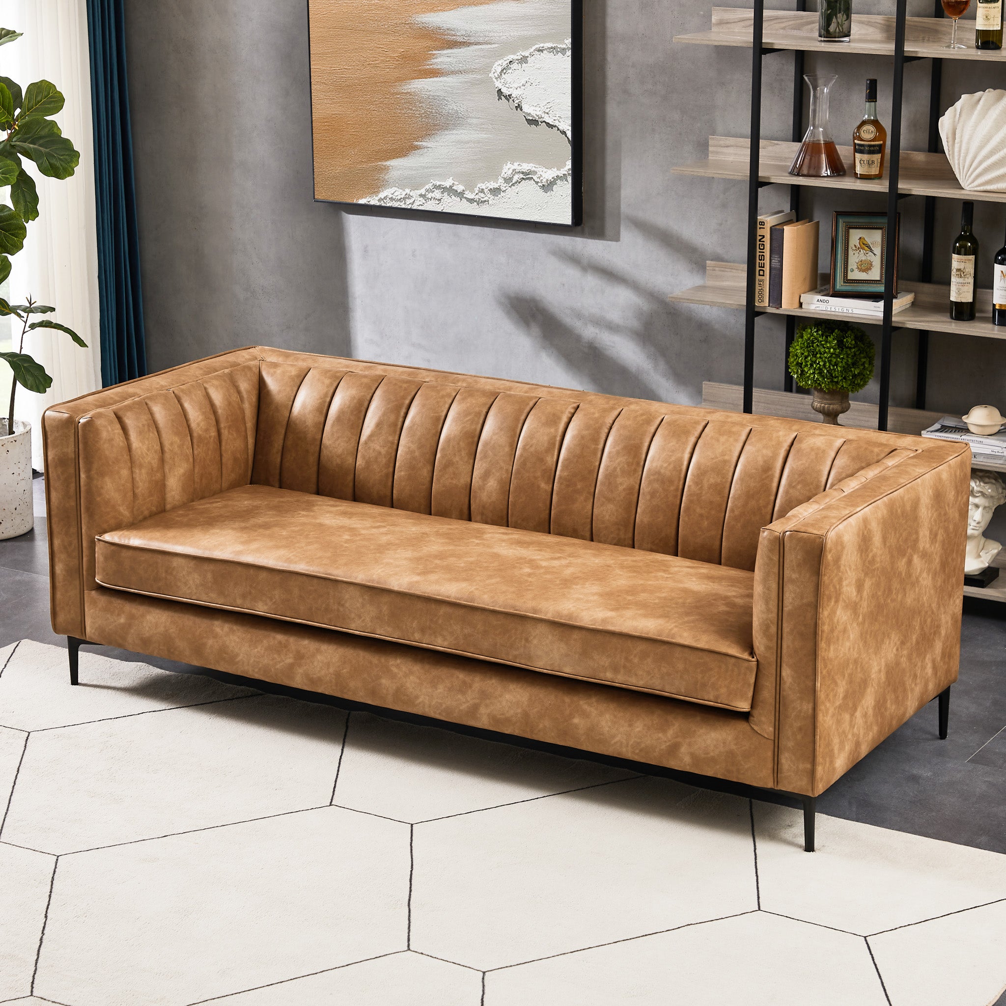 Kendra 84" Cognac Tan Vegan Leather Sofa | Mid-Century Modern Luxury Couch | MidinMod
