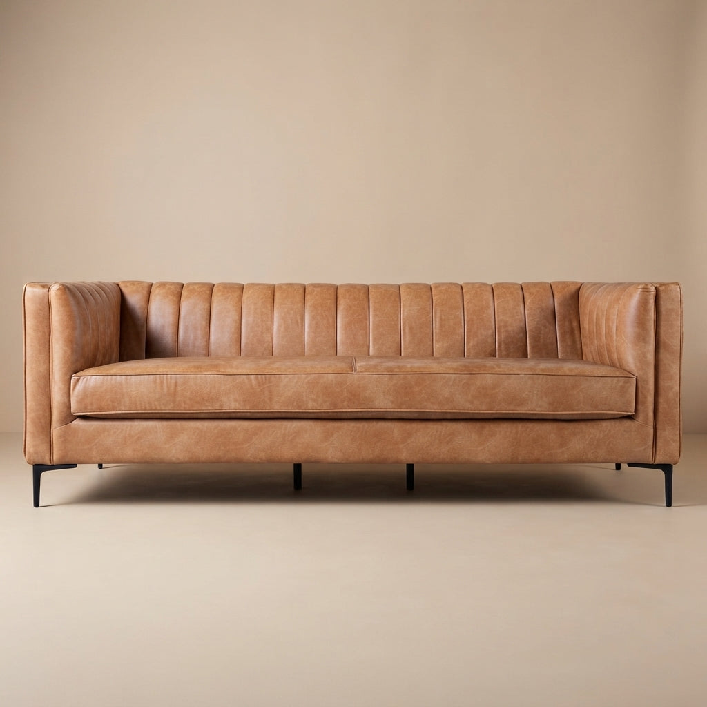 Kendra 84" Cognac Tan Vegan Leather Sofa | Mid-Century Modern Luxury Couch | MidinMod