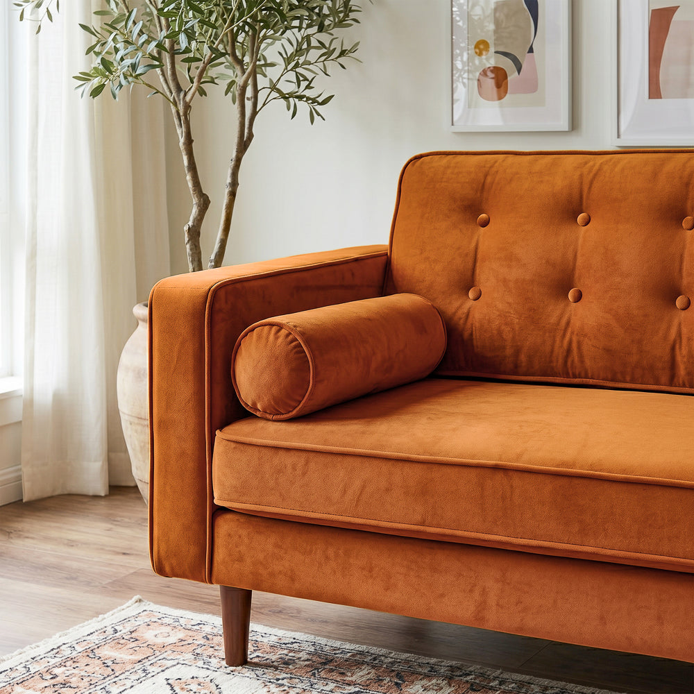 Kirby Mid-Century Modern Burnt Orange Velvet Square Arm Sofa | MidinMod