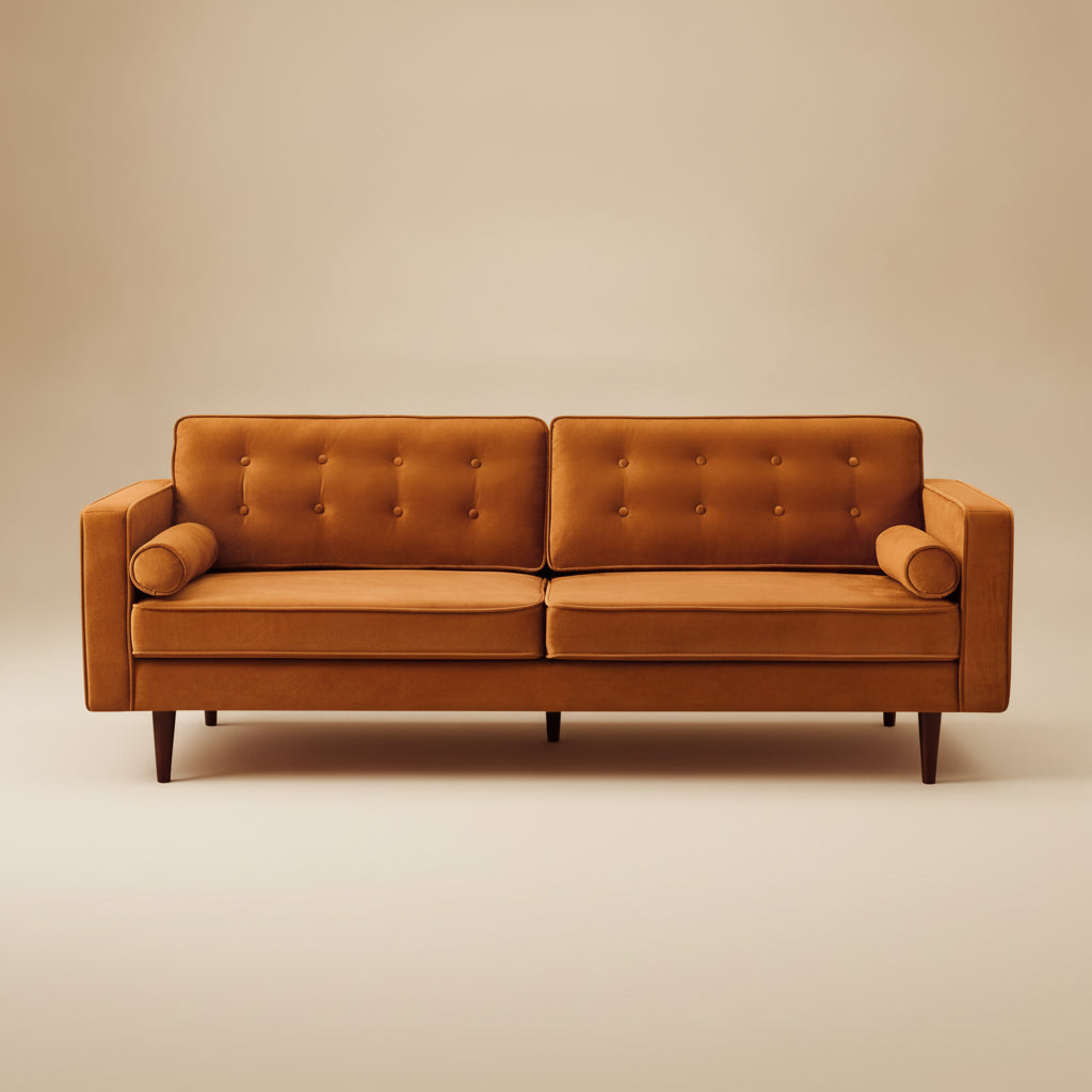 Kirby Mid-Century Modern Burnt Orange Velvet Square Arm Sofa | MidinMod