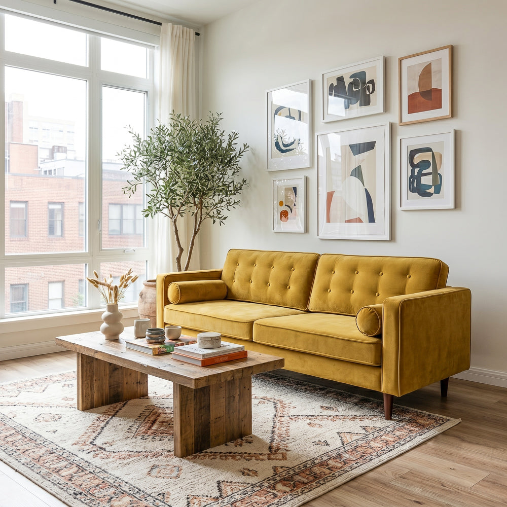 Kirby Mid-Century Modern Dark Yellow Velvet Square Arm Sofa | MidinMod