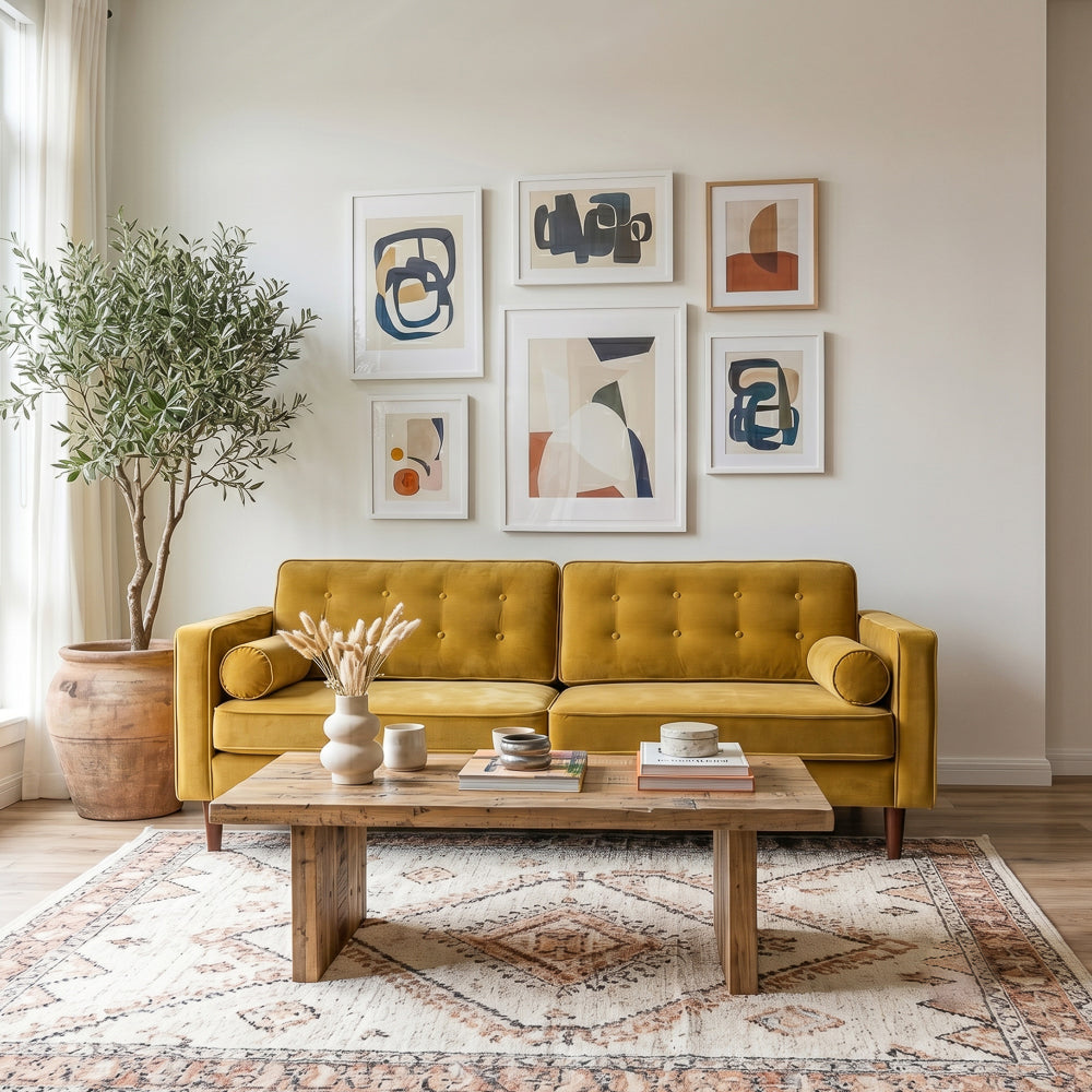 Kirby Mid-Century Modern Dark Yellow Velvet Square Arm Sofa | MidinMod